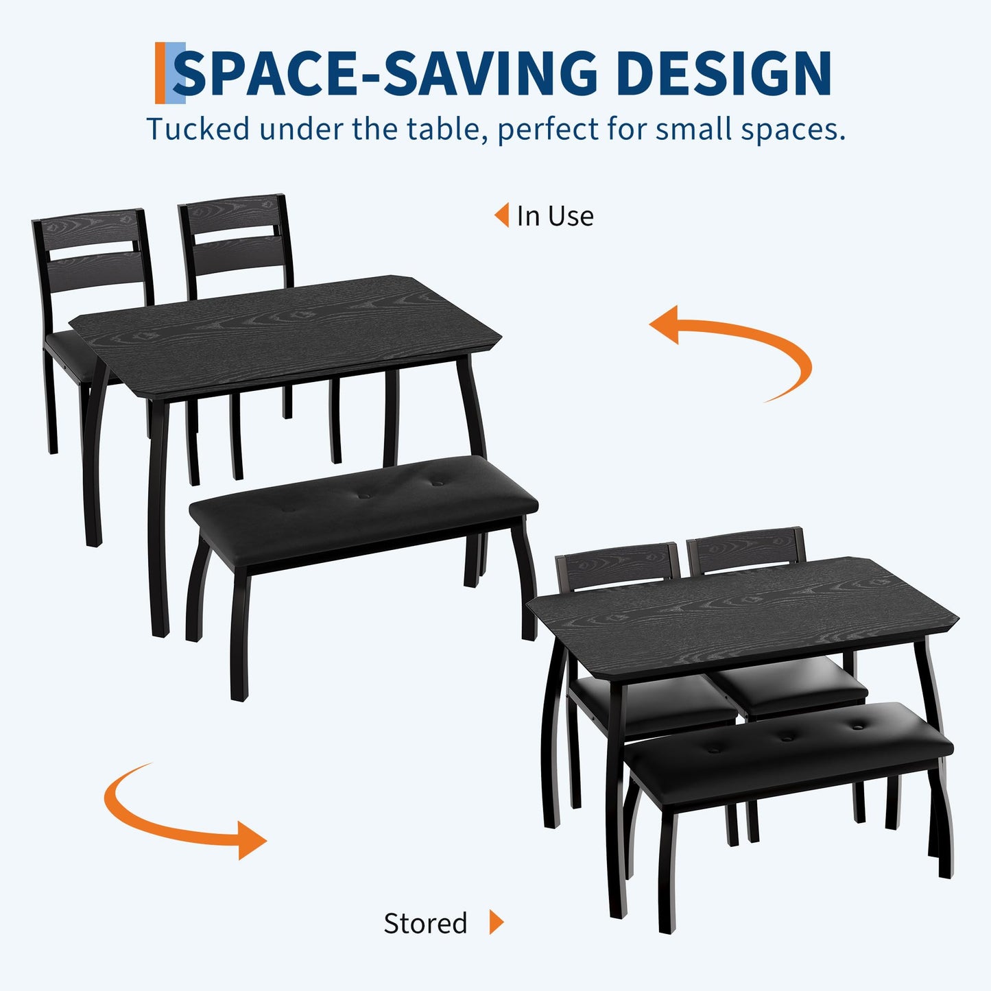 GarveeHome Dining Table Set for 4, Sturdy Wooden Kitchen Table with Chamfer Design and Metal Legs, Upholstered Bench & 2 Classic Dinner Chairs, Kitchen and Dining Set for Home Dinner, Party, Black