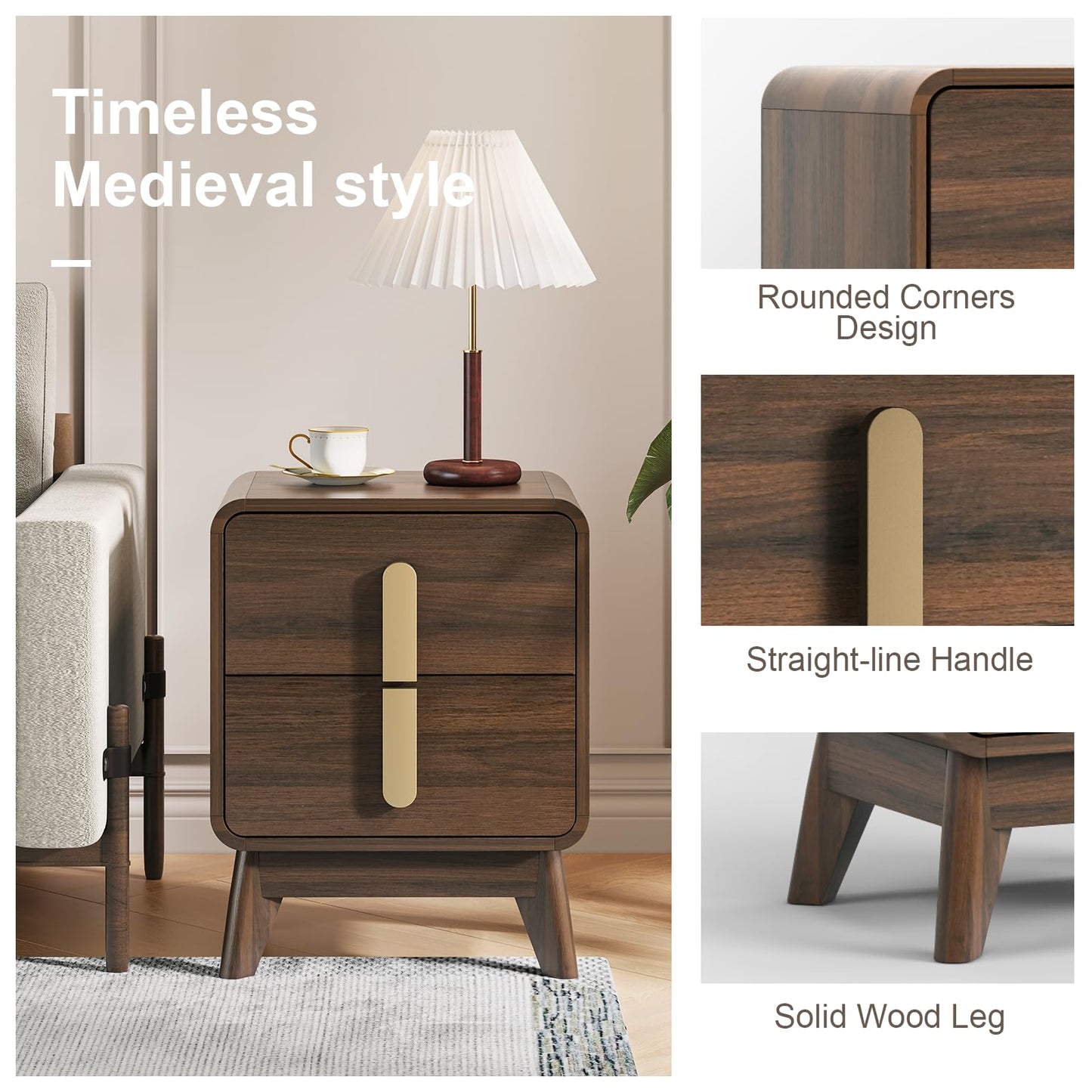 JOINICE Nightstand Set of 2, Mid Century Modern Bedside Table with 2 Drawers & Metal Handle, Curved Profile Brown Night Stand with Storage, Solid Wood Feet End Table for Bedroom, Dark Walnut