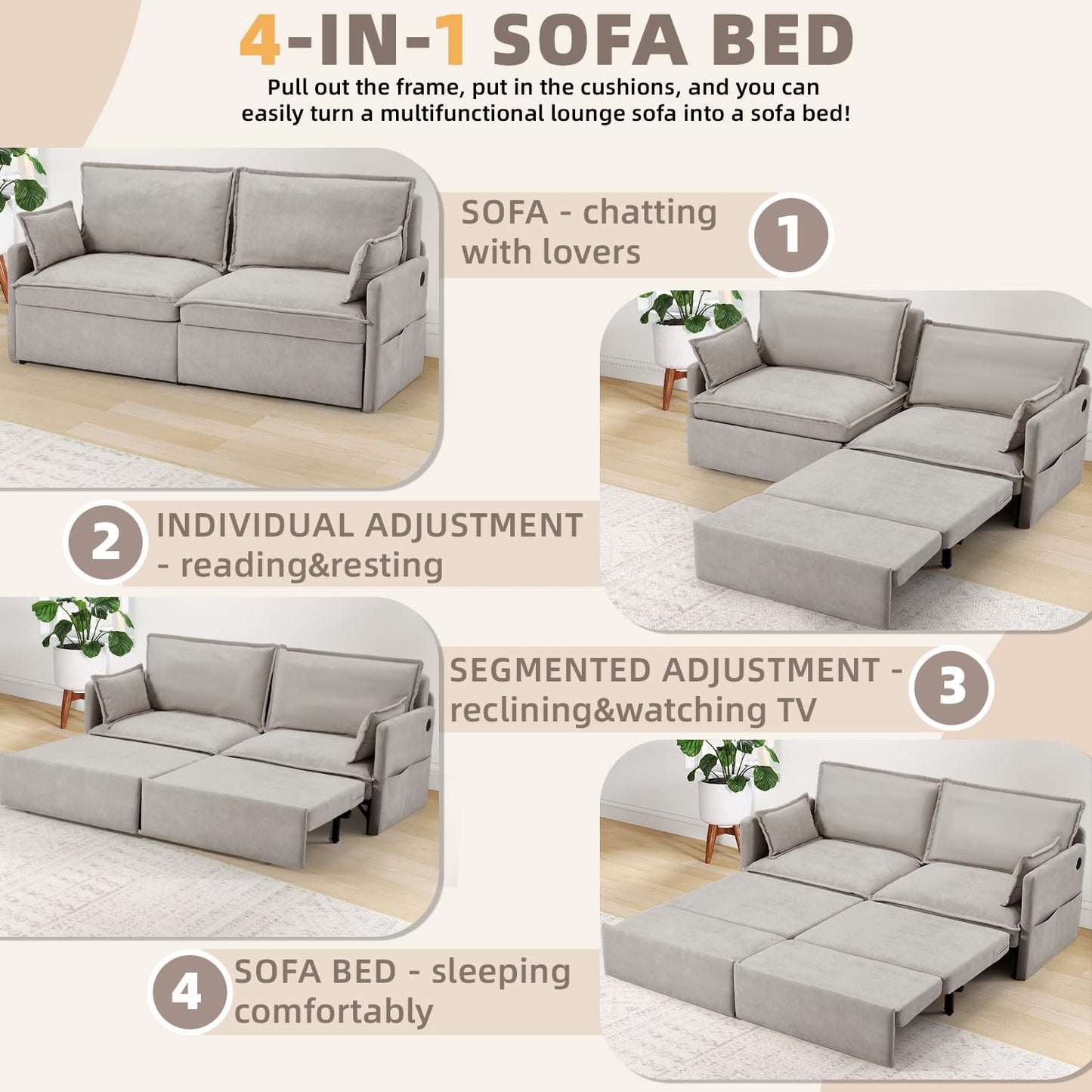 JFHID 3 in 1 Sofa Bed, 72" Pull Out Couch Sleeper Sofa Bed with USB Ports & 4 Side Pockets for Living Room, Apartment, Light Grey