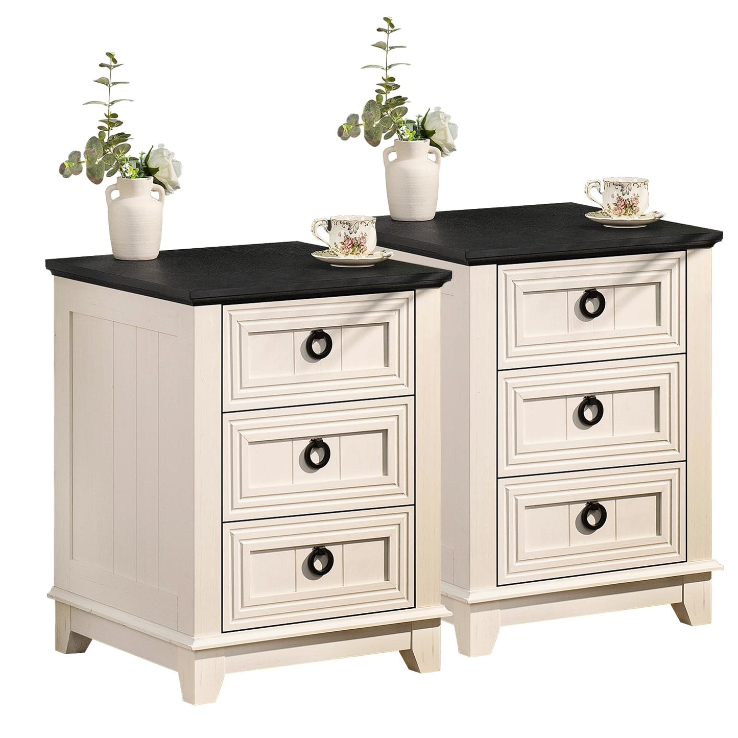 Joaxswe Farmhouse Night Stand Set of 2, 18" End Table with 3 Drawer Metal Handle, Dresser for Bedroom, Sofa Bed Side Table Chest of Drawers,Wood Nightstand Cabinet for Organizer, Living Room-White