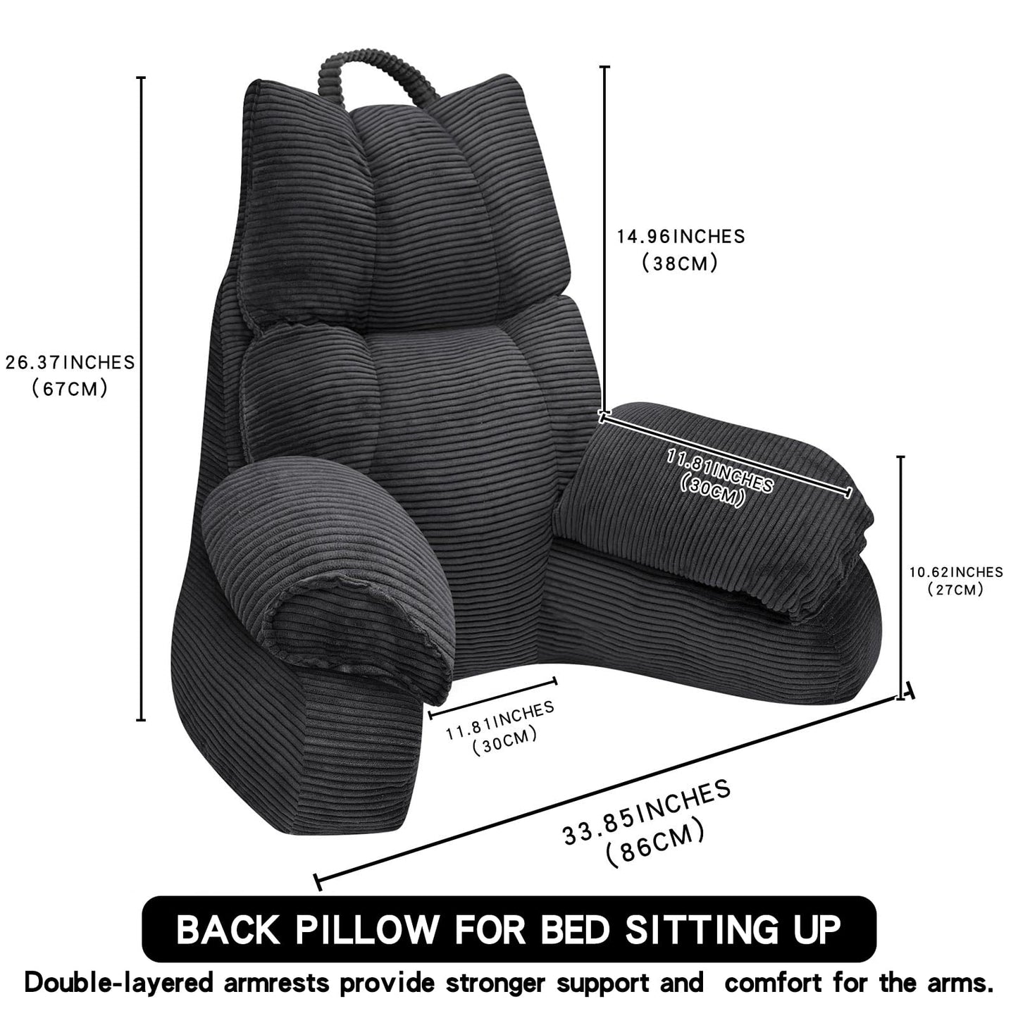 RRPAHWTV Reading Pillow for Bed with High Arm Rests ,Back Support Pillow for Sitting Up in Bed with Shredded Memory Foam for Reading, TV, Gaming or Relaxing on Floor（Grey Black, Large）