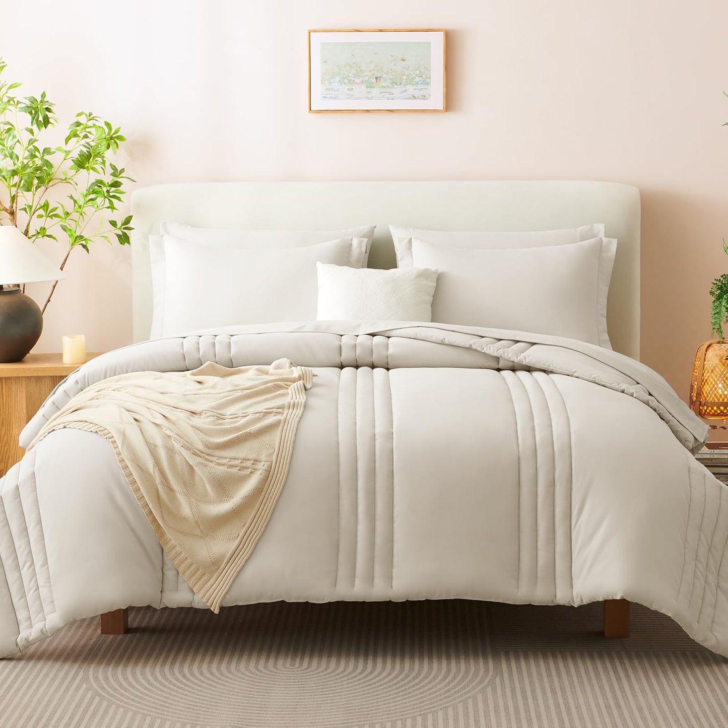 CozyLux Queen Comforter Set - 7 Pieces Bed in a Bag Beige Comforters Queen Size Bed Set, Soft Bedding Set with All Seasons Comforter, Sheets, Pillowcases & Shams