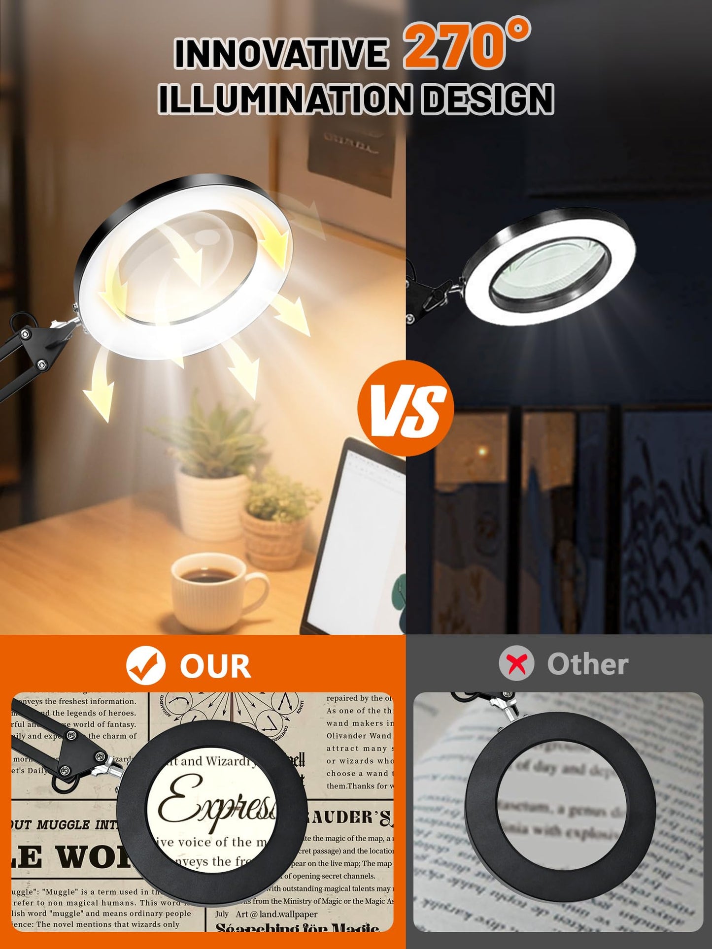 qlying 10X Magnifying Glass with Light and Clamp, Real Glass Lens Magnifier Lamp with 3 Color Modes & 270° LED Light, Dimmable Hands-Free Desk Clamp Lamp for Crafts, Reading, Painting, Repairing