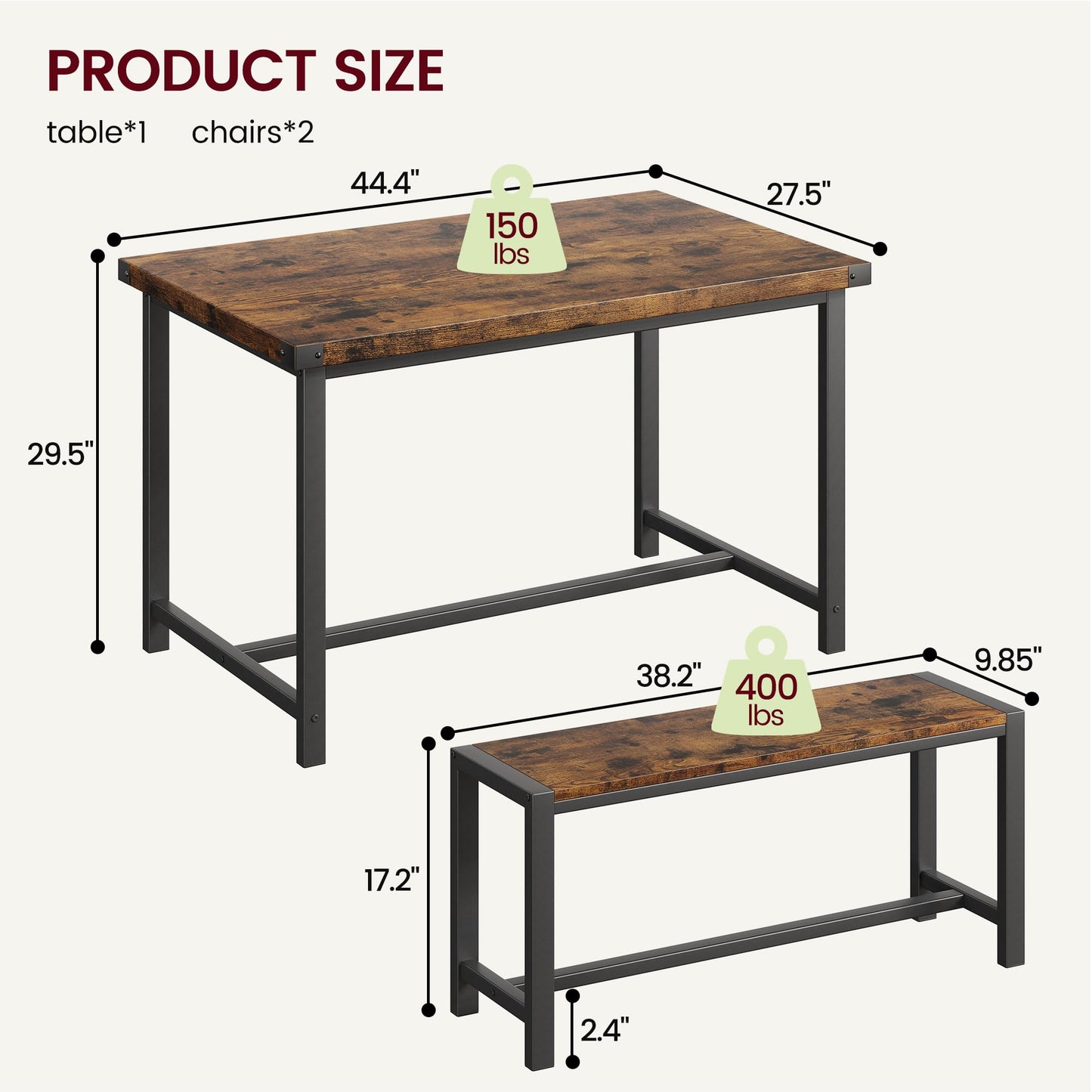 GarveeHome Dining Table Set for 4, Kitchen Table with 2 Metal Wood Benches, Rectangular Room Dining Table Set, 3 Piece Bench Table Set for Small Space, Apartment, Studio, Rustic Brown