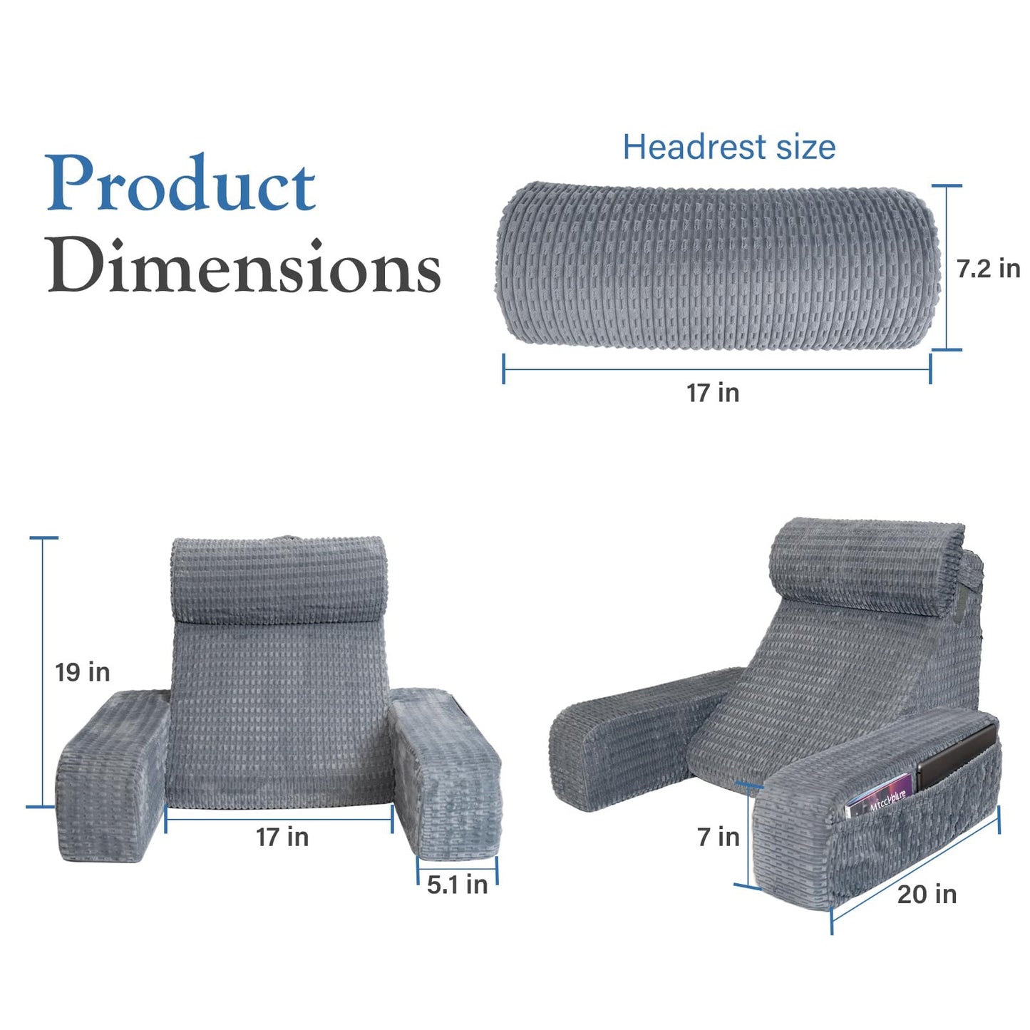 Selectico Reading Pillow for Bed, 19" Back Pillow for Bed Sitting up, Big Pockets & Built-in Arms, Backrest Cushion, Wedge Support for Reclining/Reading/Resting/Watching TV, Washable Cover, Grey