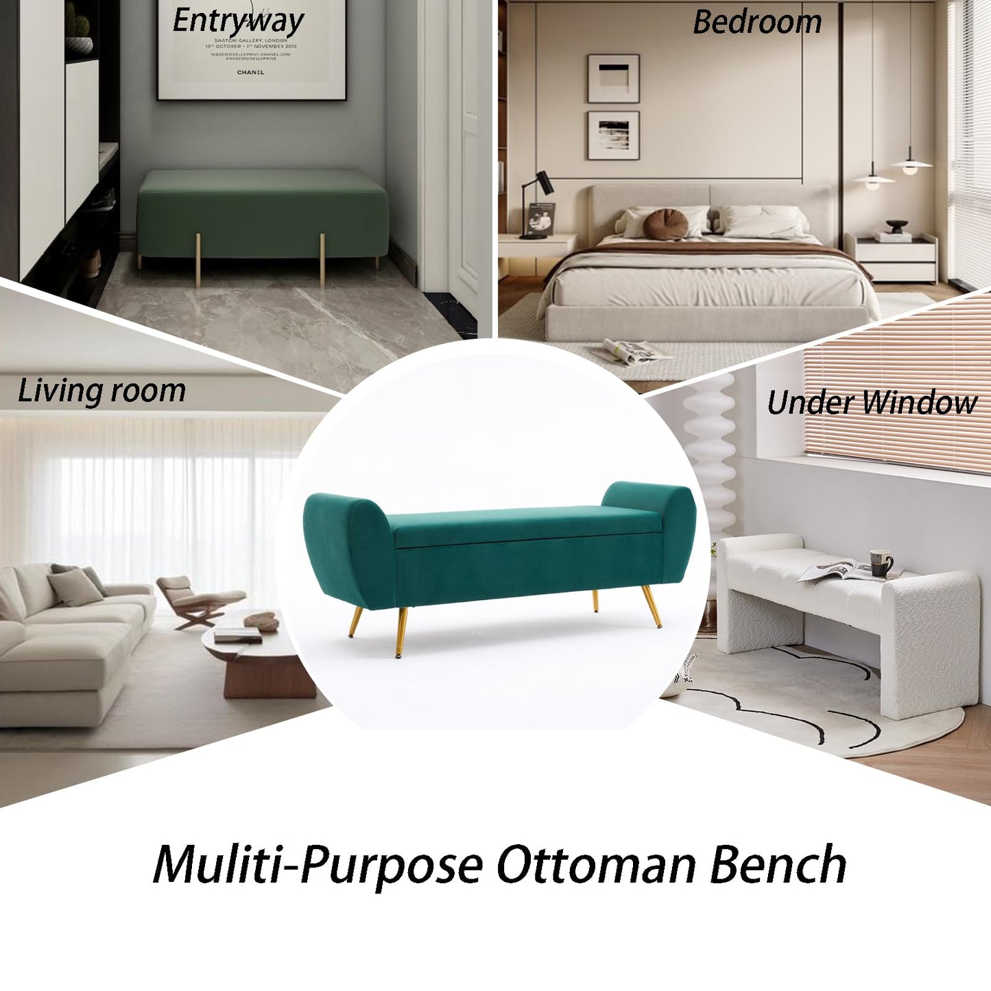 AIITTCC Storage Bench for Bedroom, 57" Extra Long Bench for King Size Bed, Modern Upholstered End of Bed Ottoman Bench with Arms for Entryway Living Room (Velvet, Green)