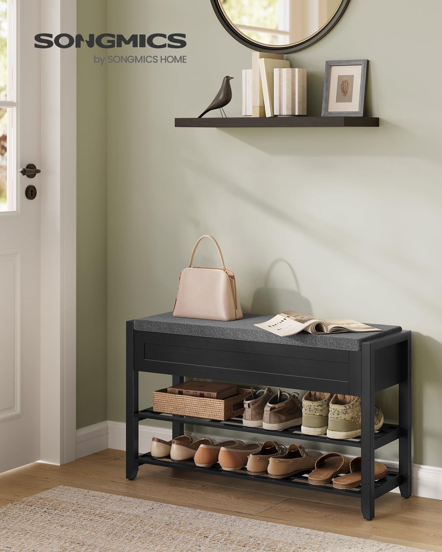 SONGMICS Storage Bench, Bamboo Shoe Rack, Entryway Furniture, 31.5 Inches Wide, Hidden Storage Compartments, 2-Tier Shoe Shelves, for Entryway, Living Room, Bedroom, Dorm, Ink Black ULSB056B01