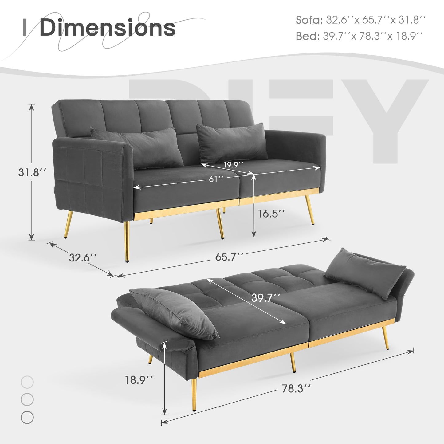 DIFY 70'' Velvet Futon Sofa Bed, Convertible Sleeper Sofa Tufted Couch with Adjustable Armrests and Backrest, Modern Loveseat Sleeper Bed with 2 Bolster Pillows for Living Room, Grey