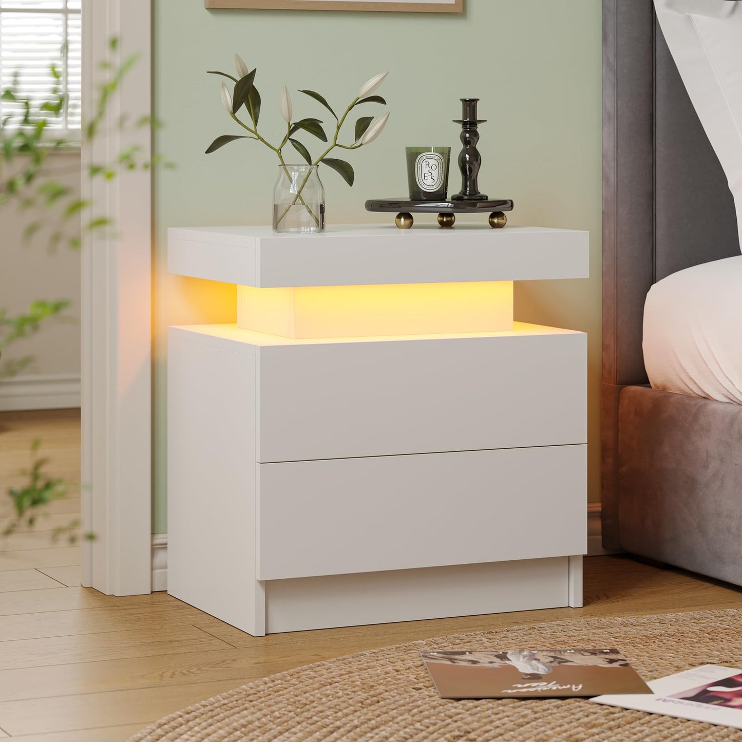 Cubehom Bedroom Night Stands White Nightstand Set of 2 LED Night Stand for Bedroom White Modern LED Bedside Table with 2 Drawers End Side Table