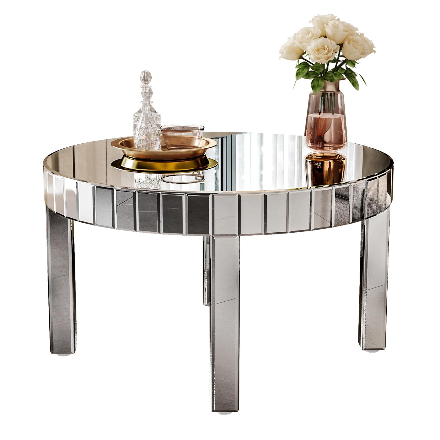 KUVADAZ Silver Mirrored Coffee Table, 31.5" Round Mirror Center Table with Starburst Mirror Mosaic Design, Modern Luxury Mirrored Furniture Glass Top Cocktail Tea Table for Living Room
