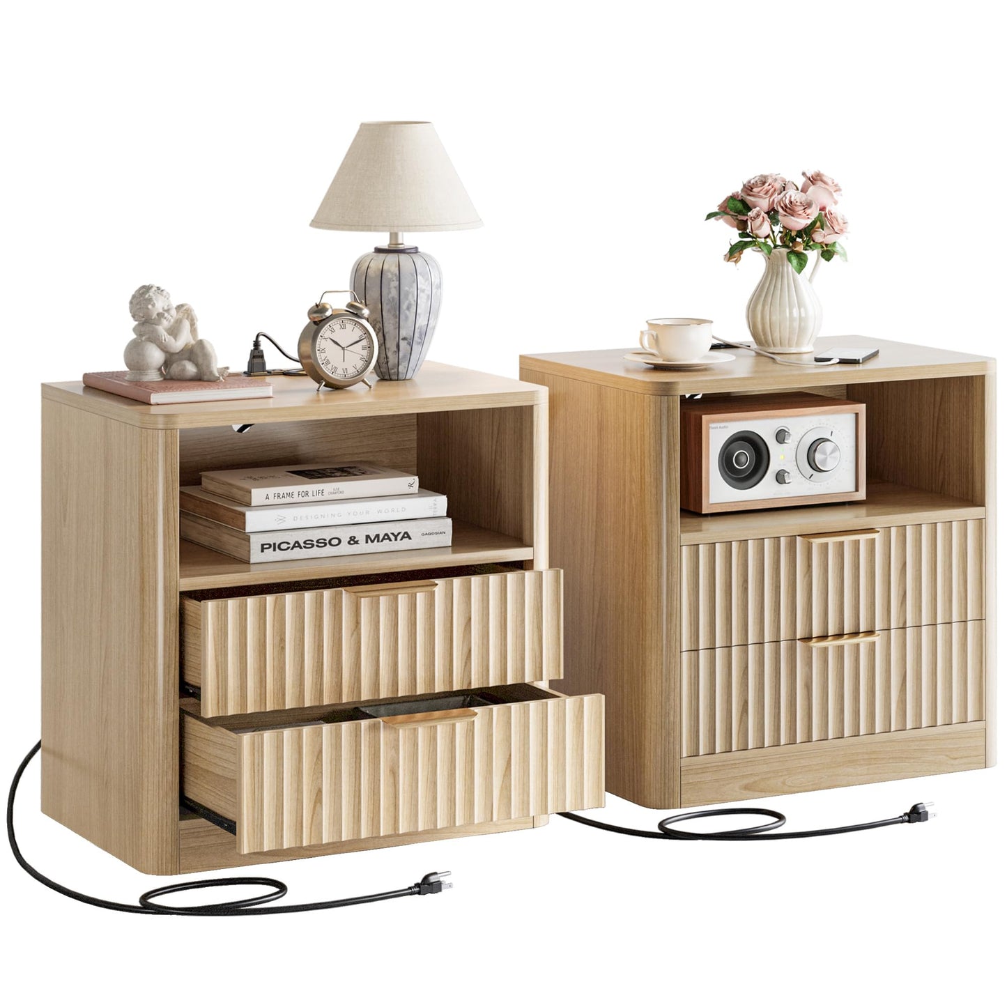 IRONCK Fluted Night Stand Set of 2, Modern Nightstand with Charging Station, Drawers and Open Shelves - Bedside Table Wood Side Table Set for Bedroom