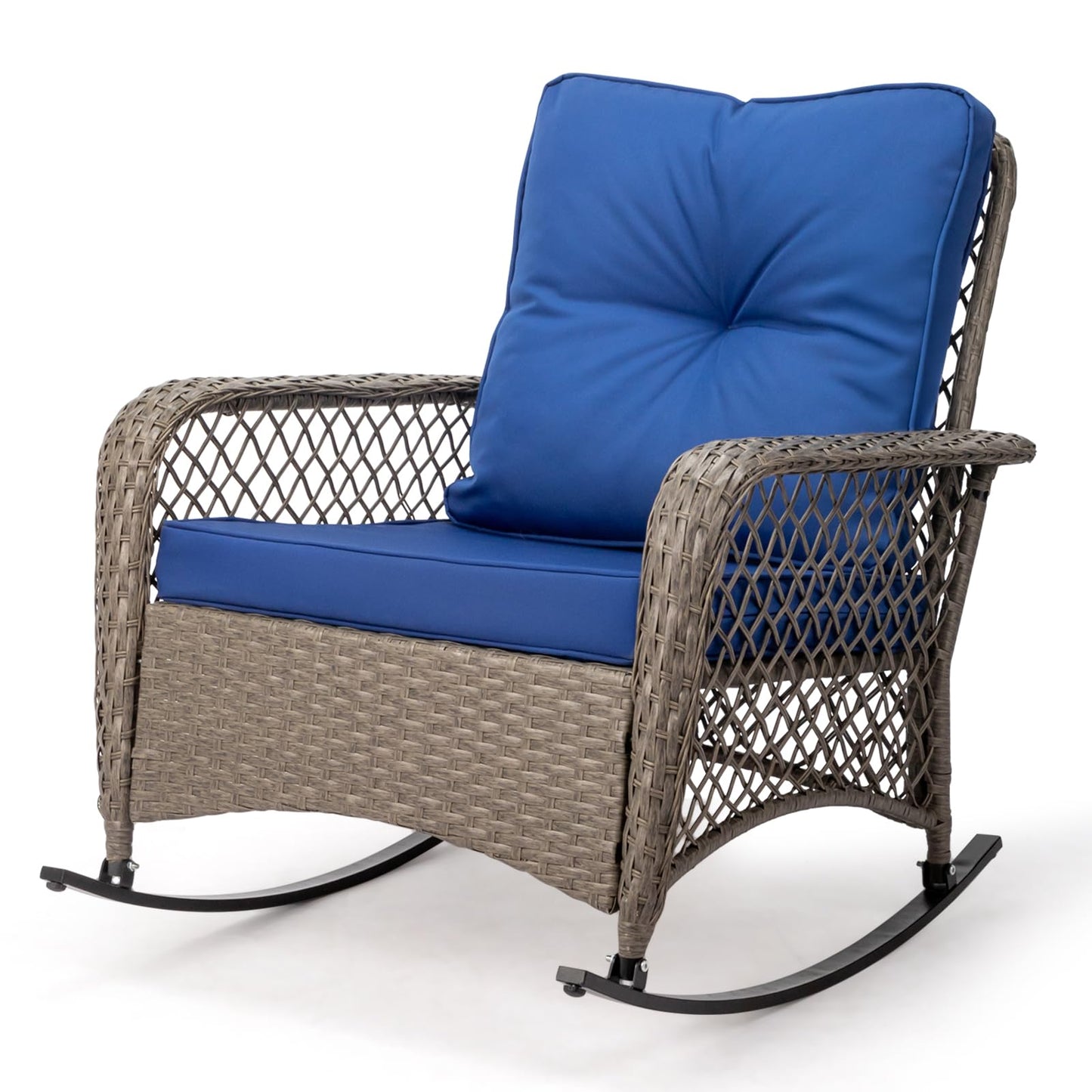 Outvita Outdoor Wicker Rocking Chair, Patio Rattan Rocker Chair w/Cushions & Steel Frame, All-Weather Rocking Lawn Wicker Furniture for Garden Backyard Porch Deck (Navy Blue)