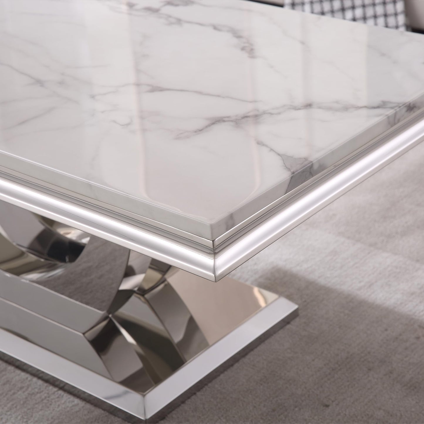 Modern Marble Coffee Table with Stainless Steel Pedestal, 47" Luxury Silver Coffee Table for Living Room, Unique Faux Marble Cocktail Table Rectangle Funky Coffee Center Tables for Living Room