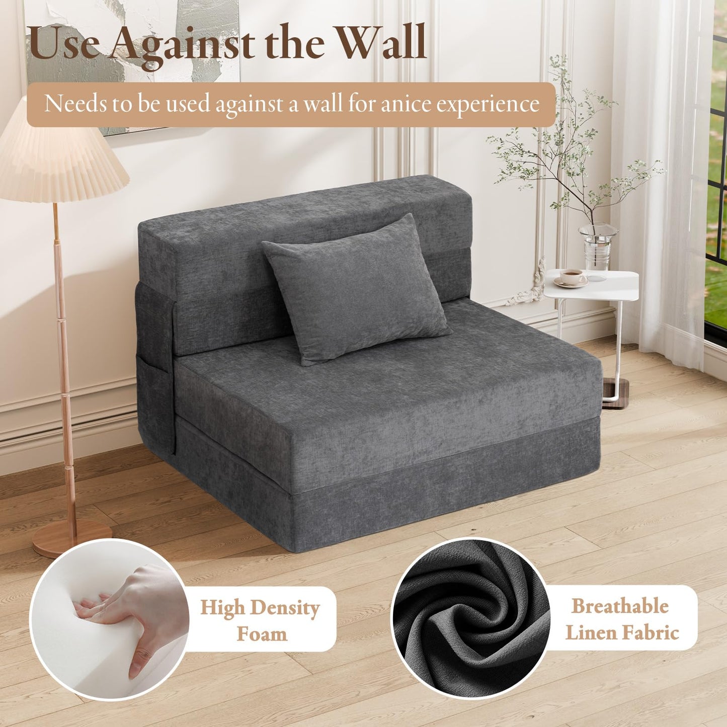 HOMFINE Folding Sofa Bed - Convertible Sleeper Chair with Pillow, Fold Out Couch, Foam Floor Mattress, Futon Couch, Lazy Sofa for Living Room/Dorm/Guest Room/Home Office, Twin, Gray