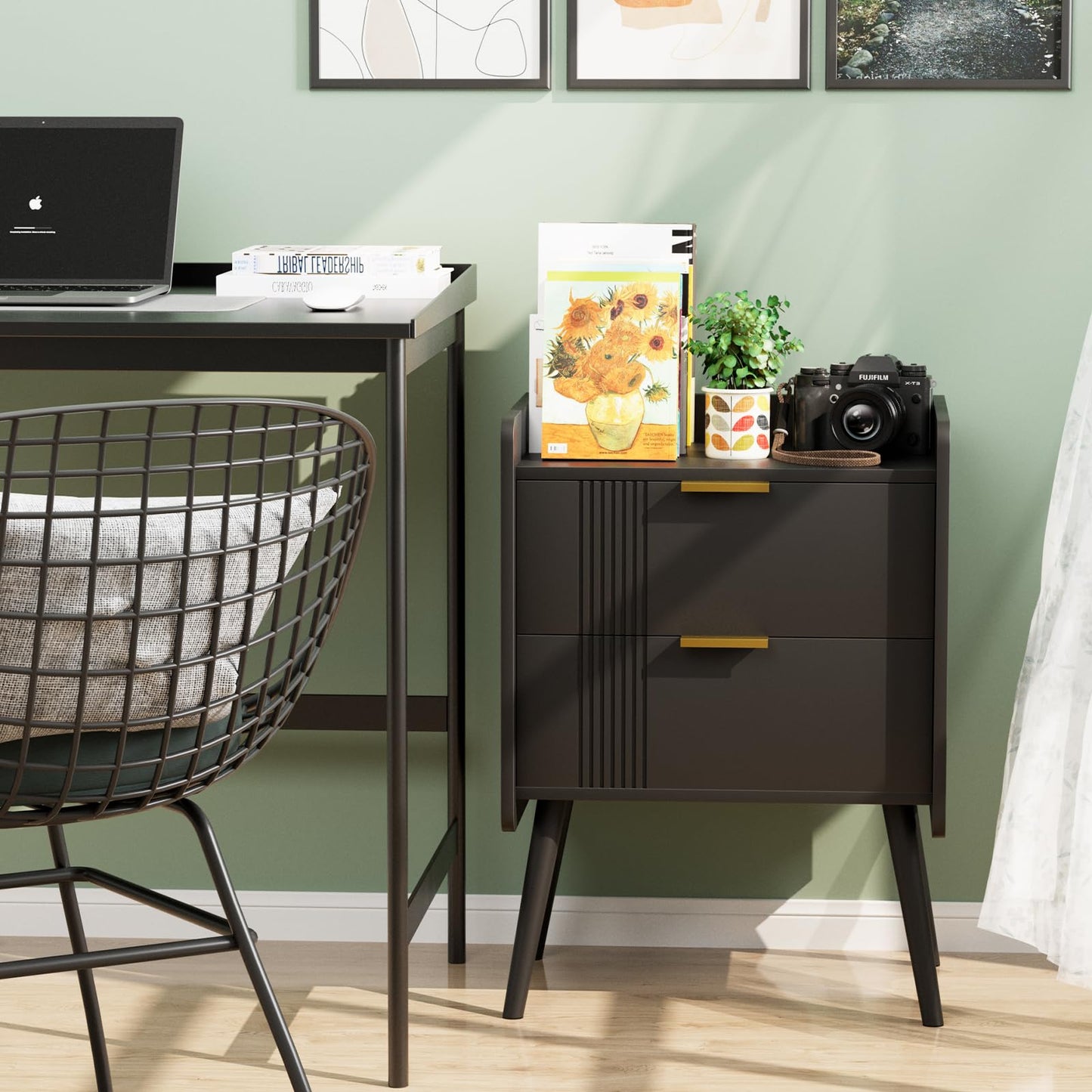 Aenuert Black Nightstand Modern Bedside Table with 2 Storage Drawer, Small Night Stand, Wooden Sofa Side Table for Bedroom, Study Room and Small Spaces