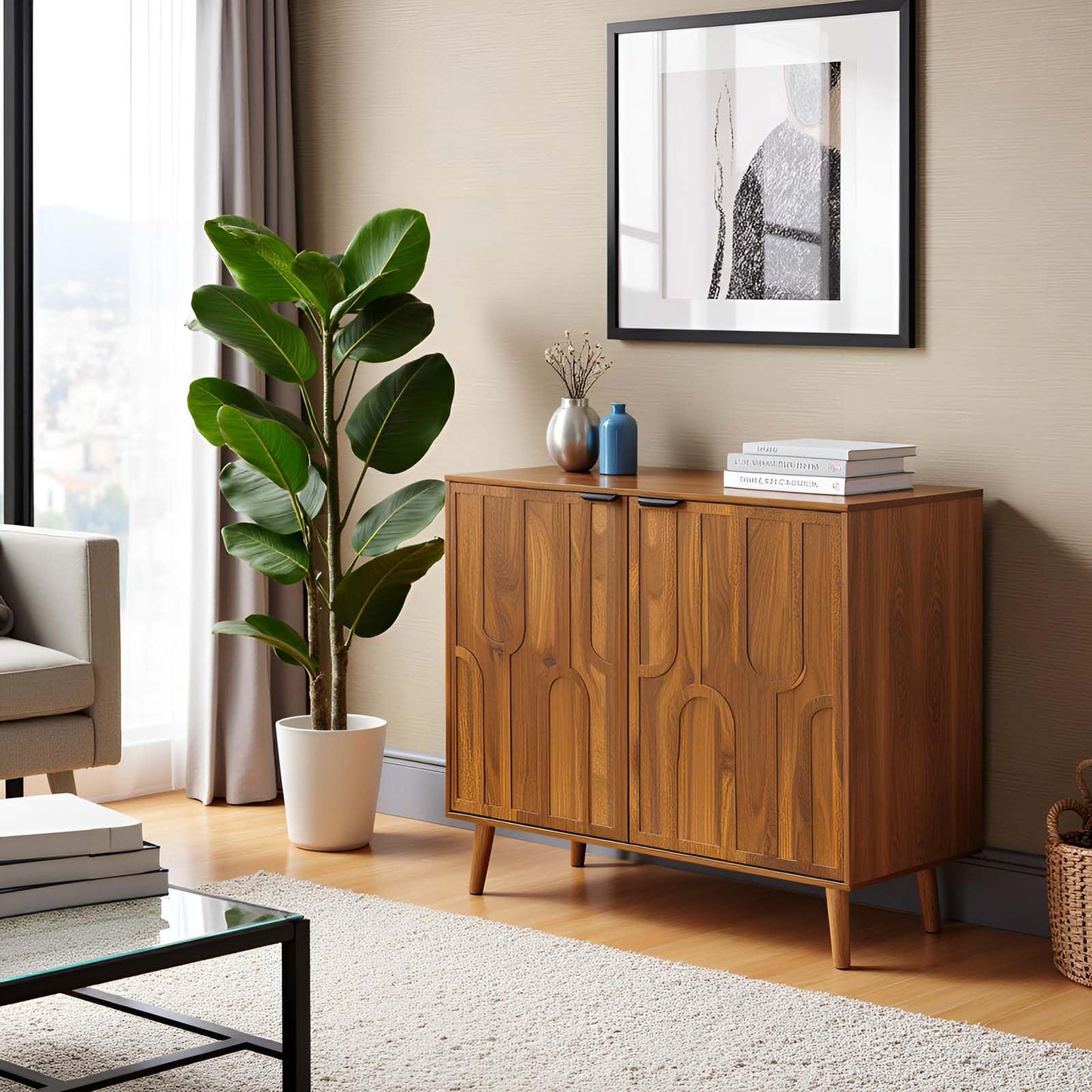 YMW Sideboard Buffet Cabinet, Mid Century Modern Storage Cabinet with Paper Clip Design Doors and Adjustable Shelves, Boho Style Wooden Buffet Cabinets for Hallway, Entry, Living Room, Walnut