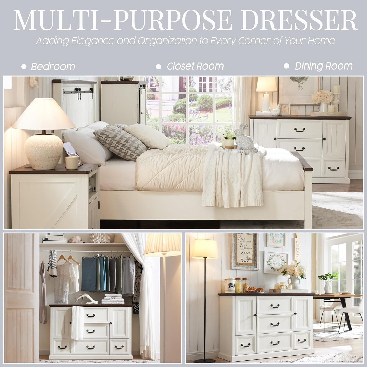 IFGET Farmhouse 5 Drawers Dresser for Bedroom, Wood Rustic Storage Organizer Closet Chest, Chest of Drawers w/Groove Barn Door&Shelf for Closet, Living Room, Dining Room, Hallway-White