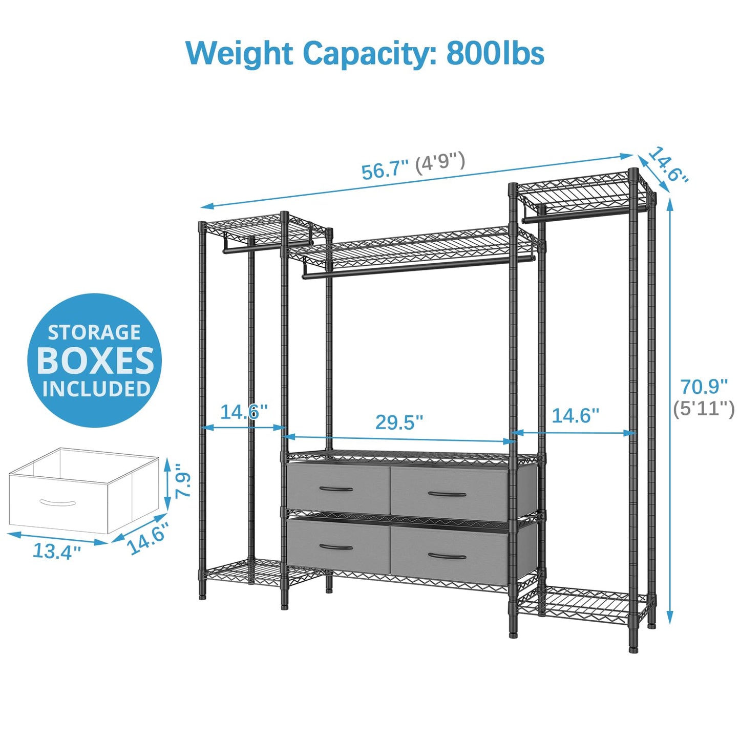 VIPEK V20 Wire Garment Rack Heavy Duty Clothes Rack, Metal Clothing Rack with 6 Shelves, 3 Hang Rods & 4 Fabric Drawers, Compact Wardrobe Closet, 56.7" L x 14.6" W x 70.9" H, Black