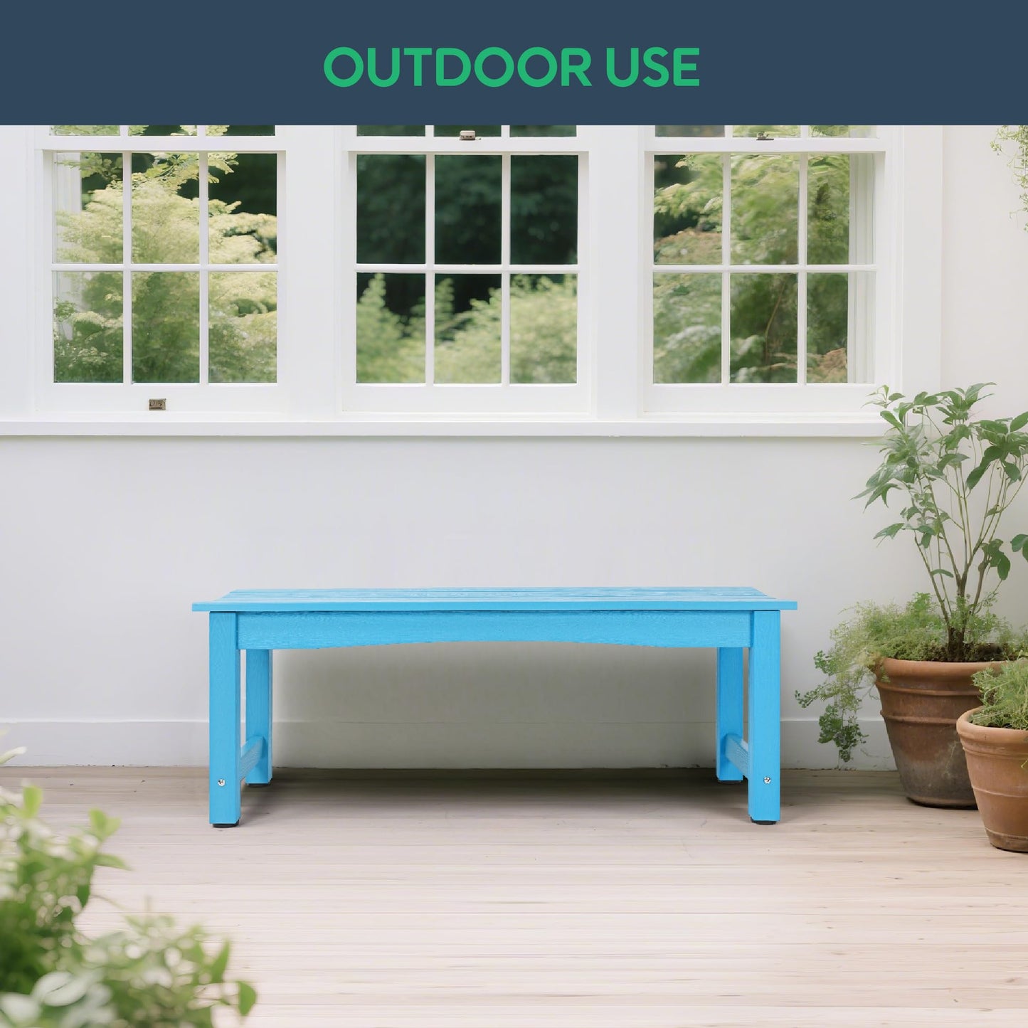 Sunnibety Weatherproof HIPS Outdoor Bench, 2-Person Patio Dining Bench, All-Weather Poly Lumber Garden Bench, Never Rot or Fade, Park Bench with Wood Grains for Porch, Garden, Deck, Entryway, Blue