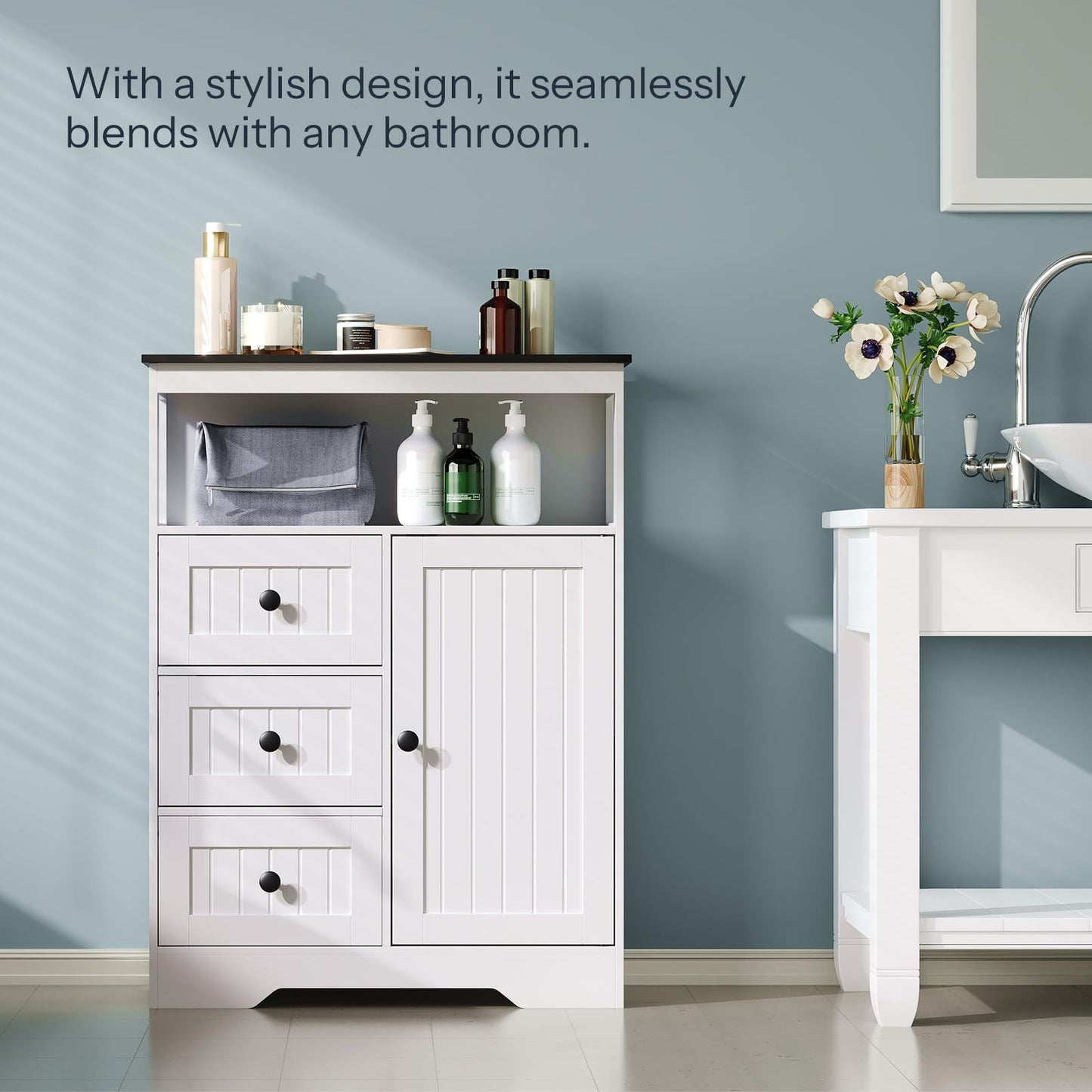 HOOBRO 28.3" Bathroom Storage Cabinet, Large Floor Cabinet, Freestanding Bathroom Storage Unit, 1 Cupboard and 3 Drawers, Adjustable Shelf, 28.3" L x 11.8" W x 37.8" H, White and Black
