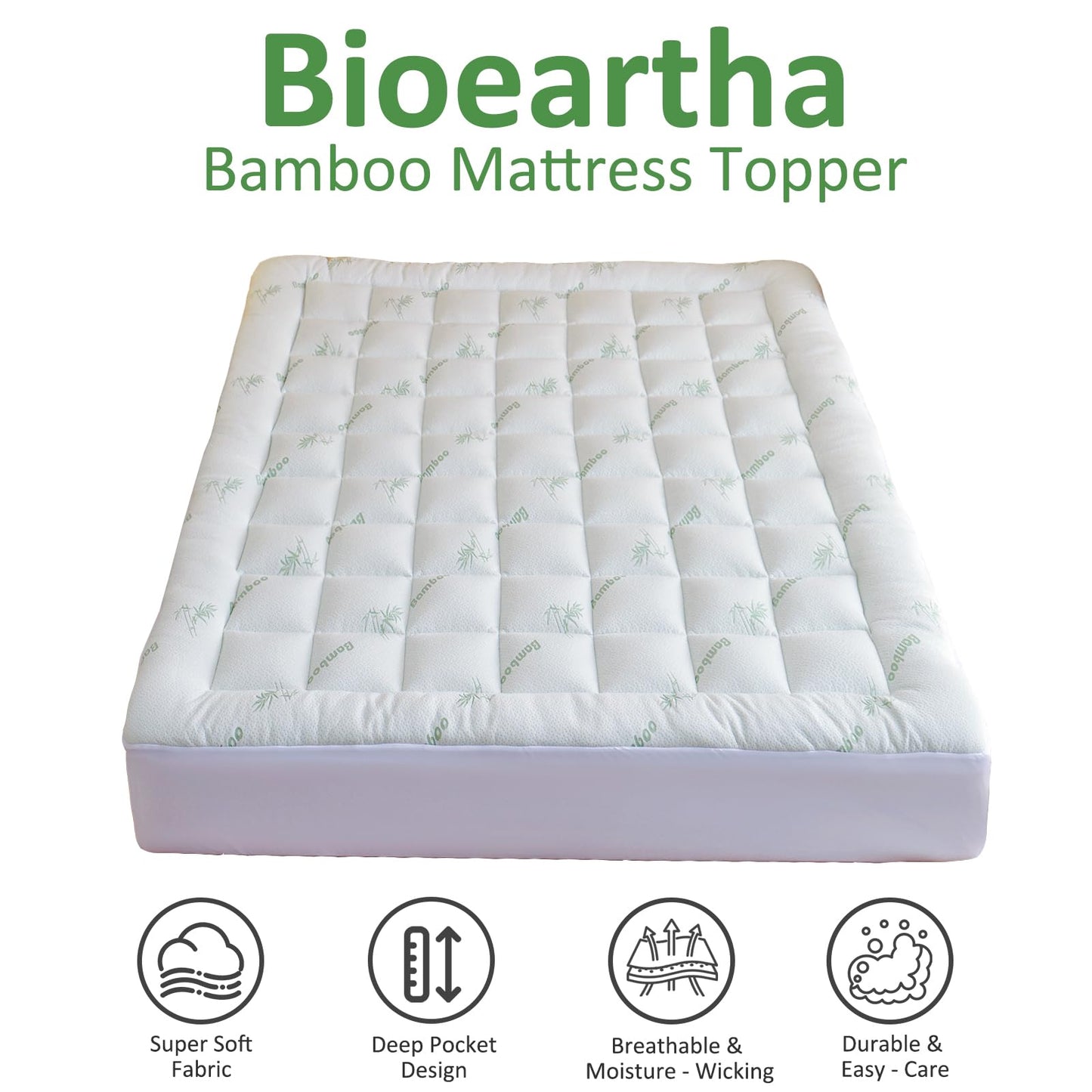 Bioeartha Mattress Topper King Size - Viscose Made from Bamboo Cooling Pillow Top Mattress Pad for Back Pain Relief - Breathable Mattress Protector Deep Pocket Mattress Cover Fits 8-21 Inch