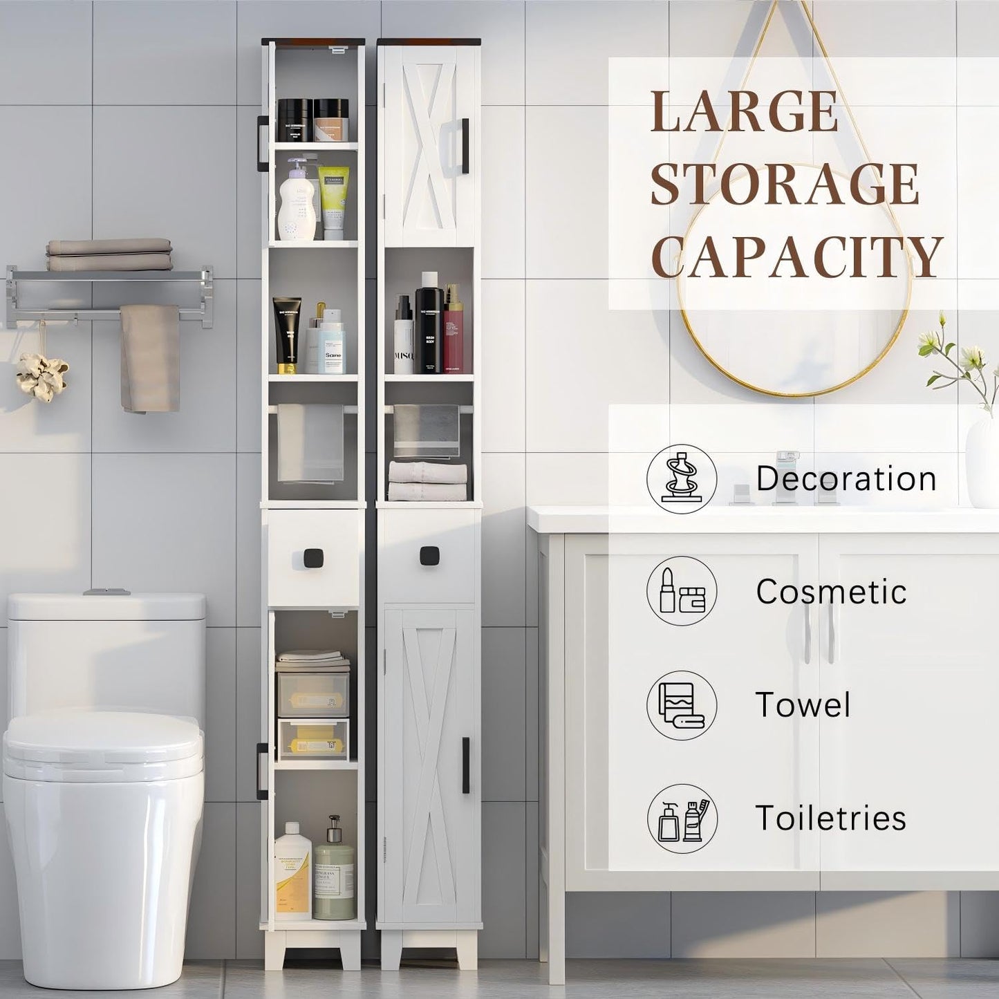 EROMMY Narrow Bathroom Storage Cabinet,71'' Tall Slim Bathroom Cabinet with Adjustable Shelves & Towel Bar, Skinny Freestanding Floor Cabinet for Small Space, Living Room, Shower Room, White