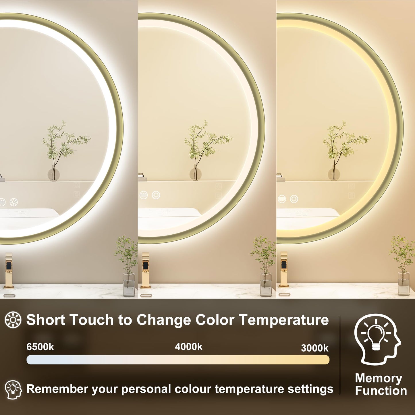 S'bagno 24'' Round Gold LED Mirror for Bathroom with Frontlit & Backlit, LED Vanity Mirror with Metal Frame, Anti-Fog, Stepless Dimmable, 3 Colors Temperature