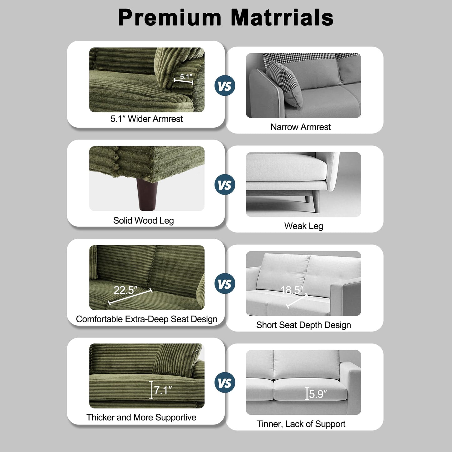 Ribilake 80 Inch Sofa Couch, Comfy Love Seat Couches for Living Room, Mid Century Modern Oversized Two Seater Couch, Plush Corduroy Deep Seat Sofas for Bedroom, Small Space Apartment, Green