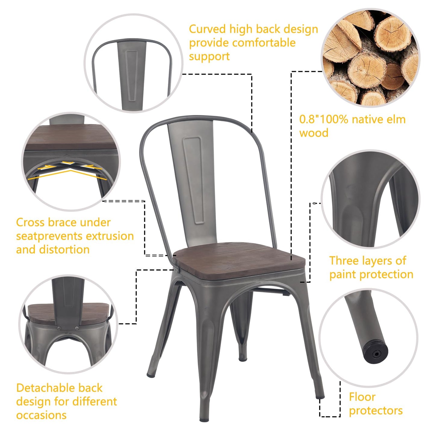 YOUNIKE Metal Dining Chairs Set of 4 Iron Stackable Removable Back Wood Seat Patio Chairs Rubber Feet Stylish Modern Indoor Outdoor Classic Chic Industrial Vintage Bistro Kitchen Rusty Grey