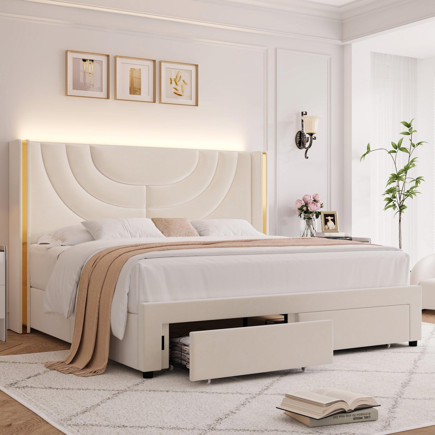 HITHOS Queen Upholstered LED Bed Frame with 2 Storage Drawers, Velvet Platform Bed with Wingback Headboard, Solid Wooden Slats Support, No Box Spring Needed, Headboard Splicing Design, Beige