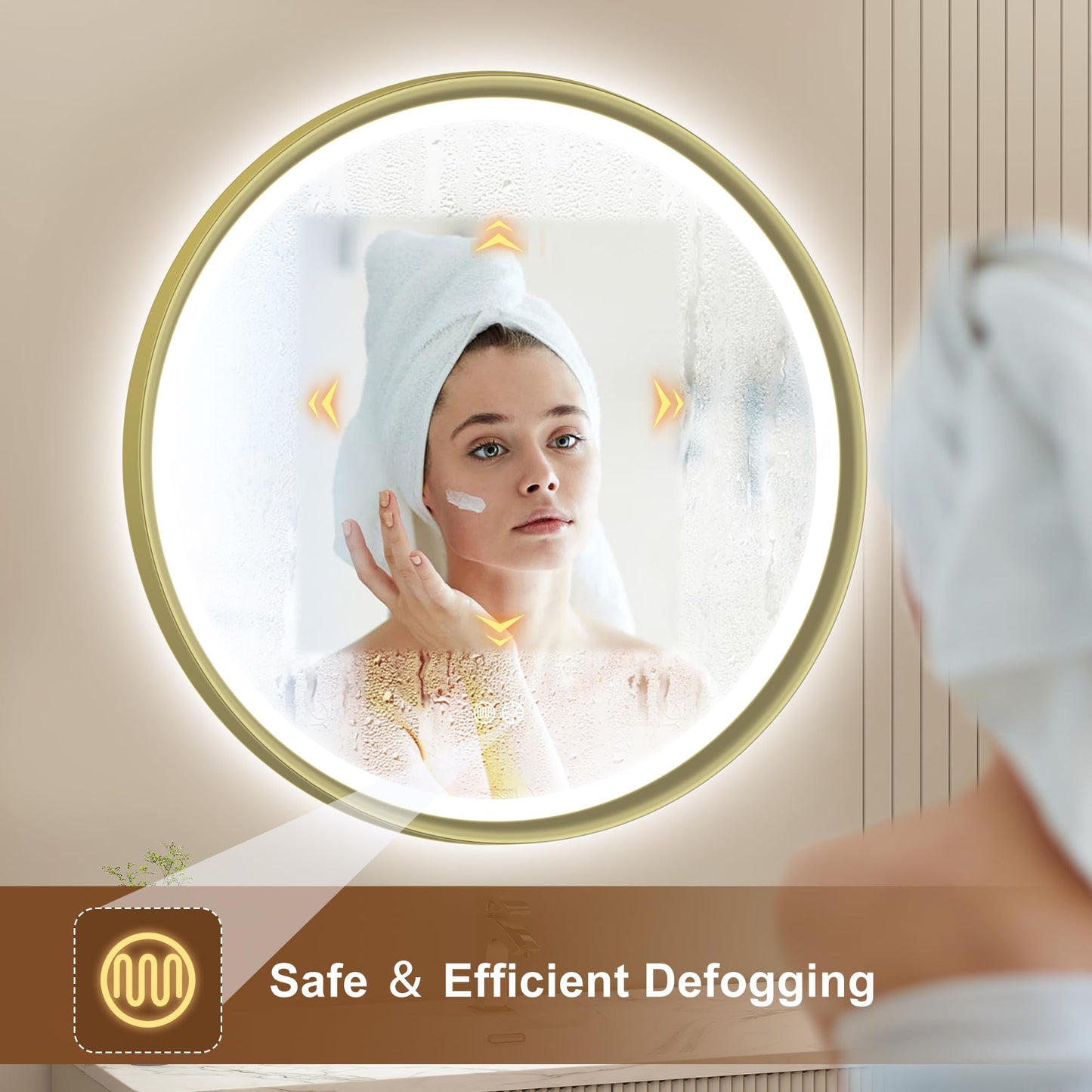 S'bagno 32" Round Gold LED Mirror for Bathroom With Frontlit & Backlit, Metal Frame, Anti-Fog, Stepless Dimmable, 3 Colors Temperature Vanity Mirror