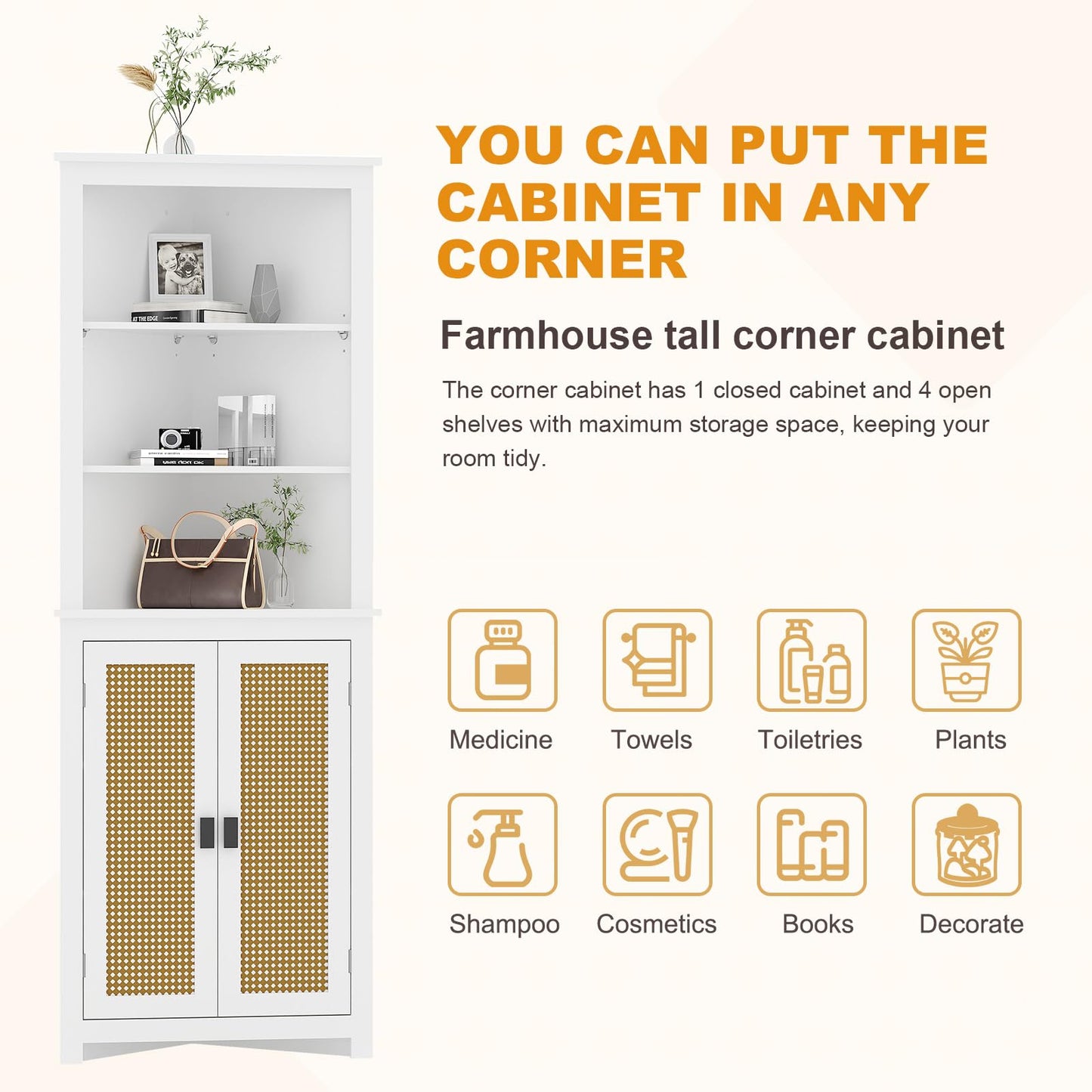 Amenitlif Corner Storage Cabinet with Adjustable Shelves - 63.78" Tall Freestanding Bathroom & Kitchen Organizer, Space-Saving Cabinet for Pantry, Laundry Room - Rustic White Finish, Easy Assembly