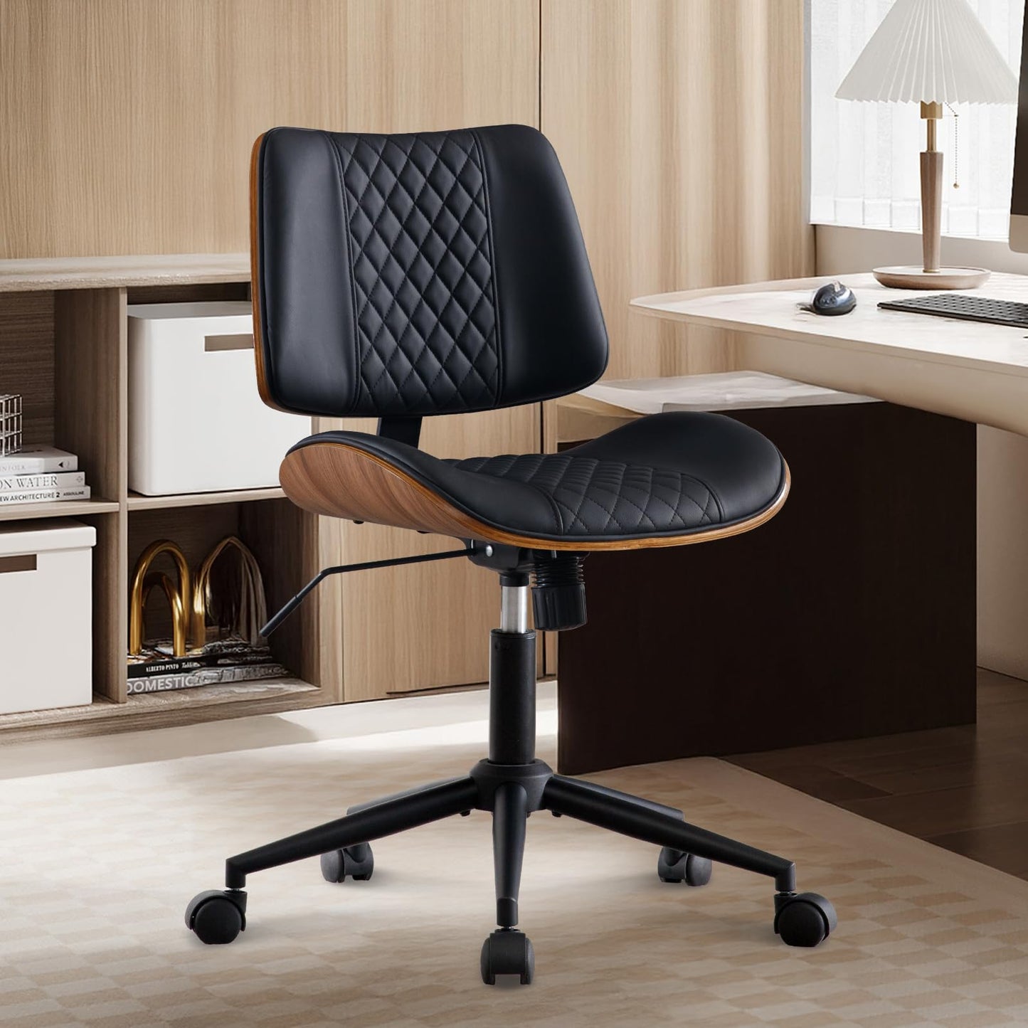 BV Small Desk Chair, Mid Century Office Chair with Bentwood Back, Armless Task Swivel Chair with Wheels, Mid Back No Arms, Faux Leather Office Chairs for Small Space, Black