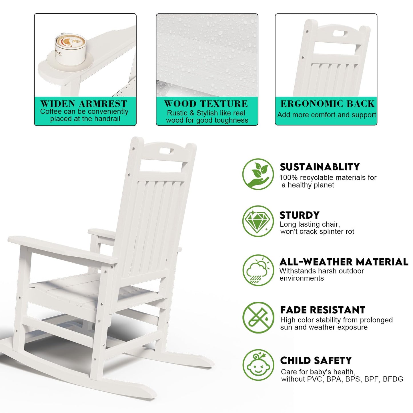 PLUUV Outdoor Rocking Chair, HDPE Patio Rocking Chairs with Footboard, All Weather Porch Rockers Outdoor for Adult, Effortless Installation, White