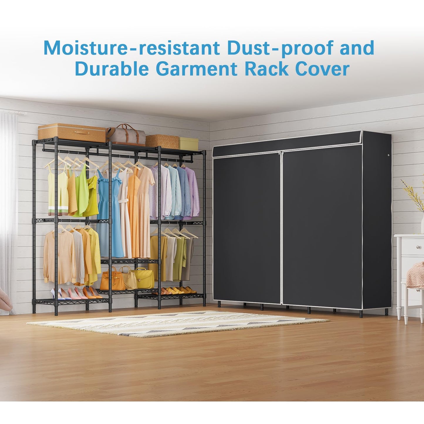 VIPEK V5C SE Garment Rack Wardrobe Closet, Heavy Duty Clothes Rack with Adjustable Shelves and Black Cover, Black Metal Closet Racks Clothing Storage Organizer for Bedroom, 70.1" Lx17.3 Wx76.4 H