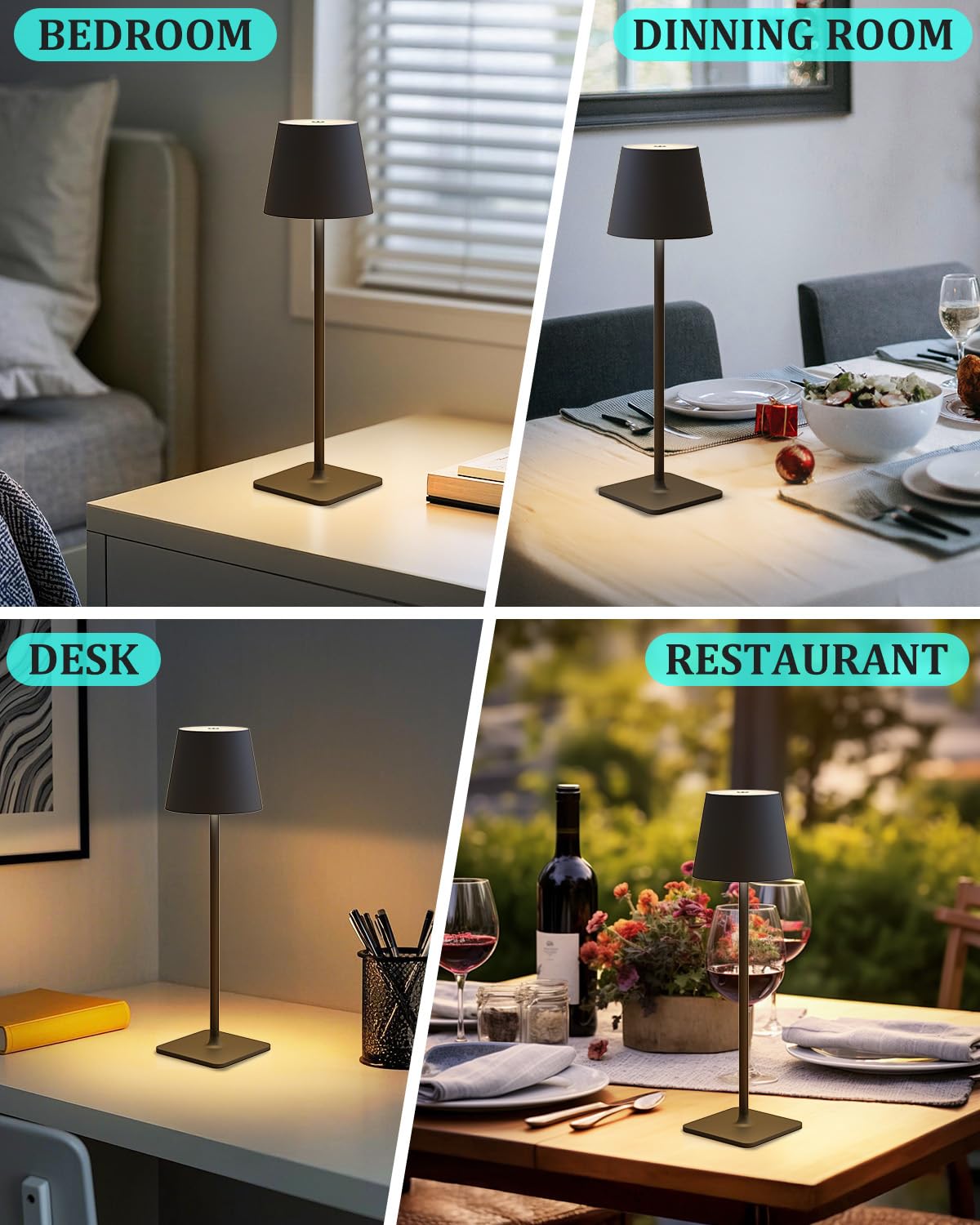 Fizrice Cordless Table Lamp Rechargeable Lamps: 6000mAh Battery Operated Table Lamp Outdoor Waterproof, Touch Control, Portable Wireless Desk Lamp for Dinner/Bedroom/Restaurant(Black 2 Pack)