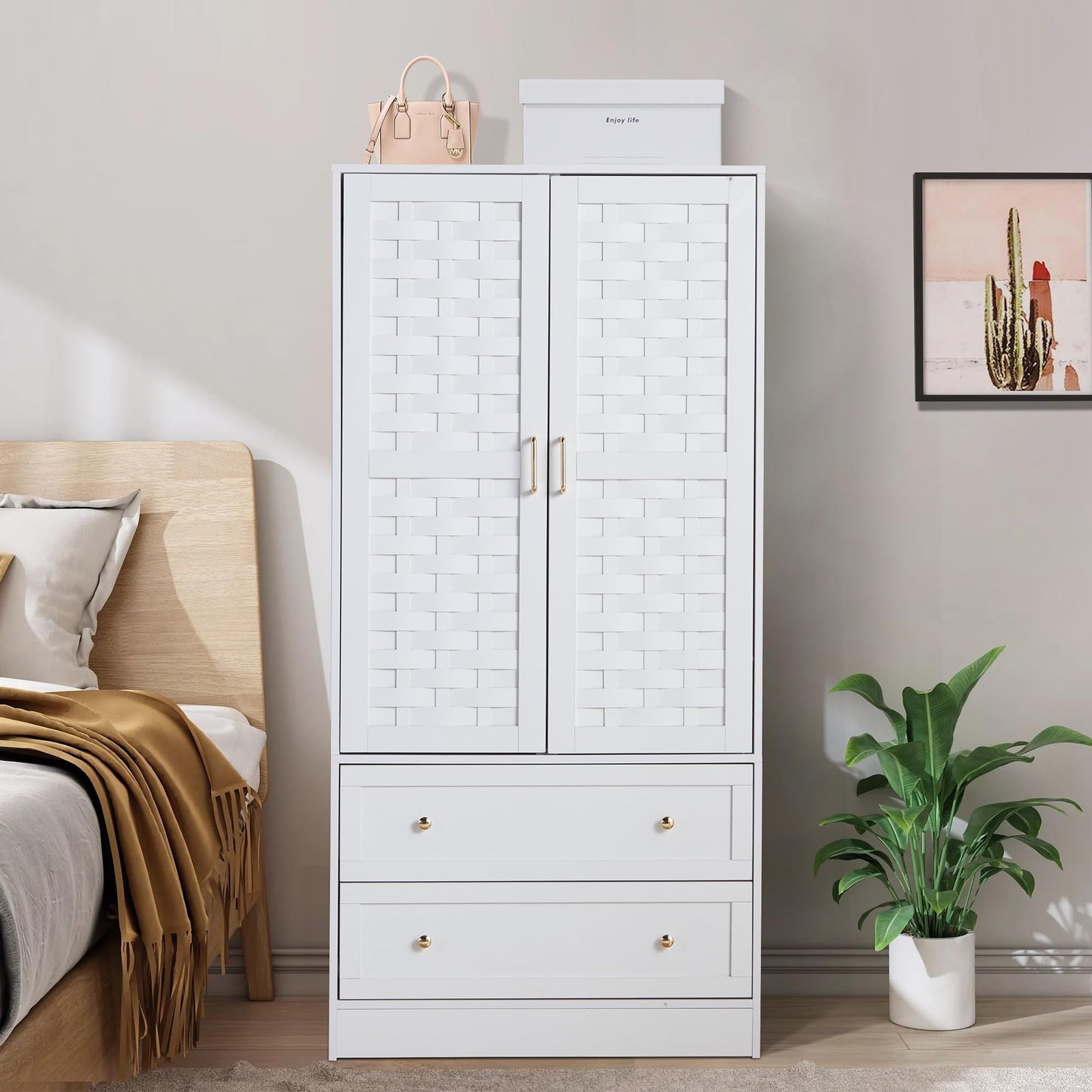 LEVNARY Armoire Wardrobe Closet with 2 Woven Doors, Wardrobe Cabinet with 2 Storage Drawers and Hanging Rail, Freestanding Wooden Closet for Bedroom (White)