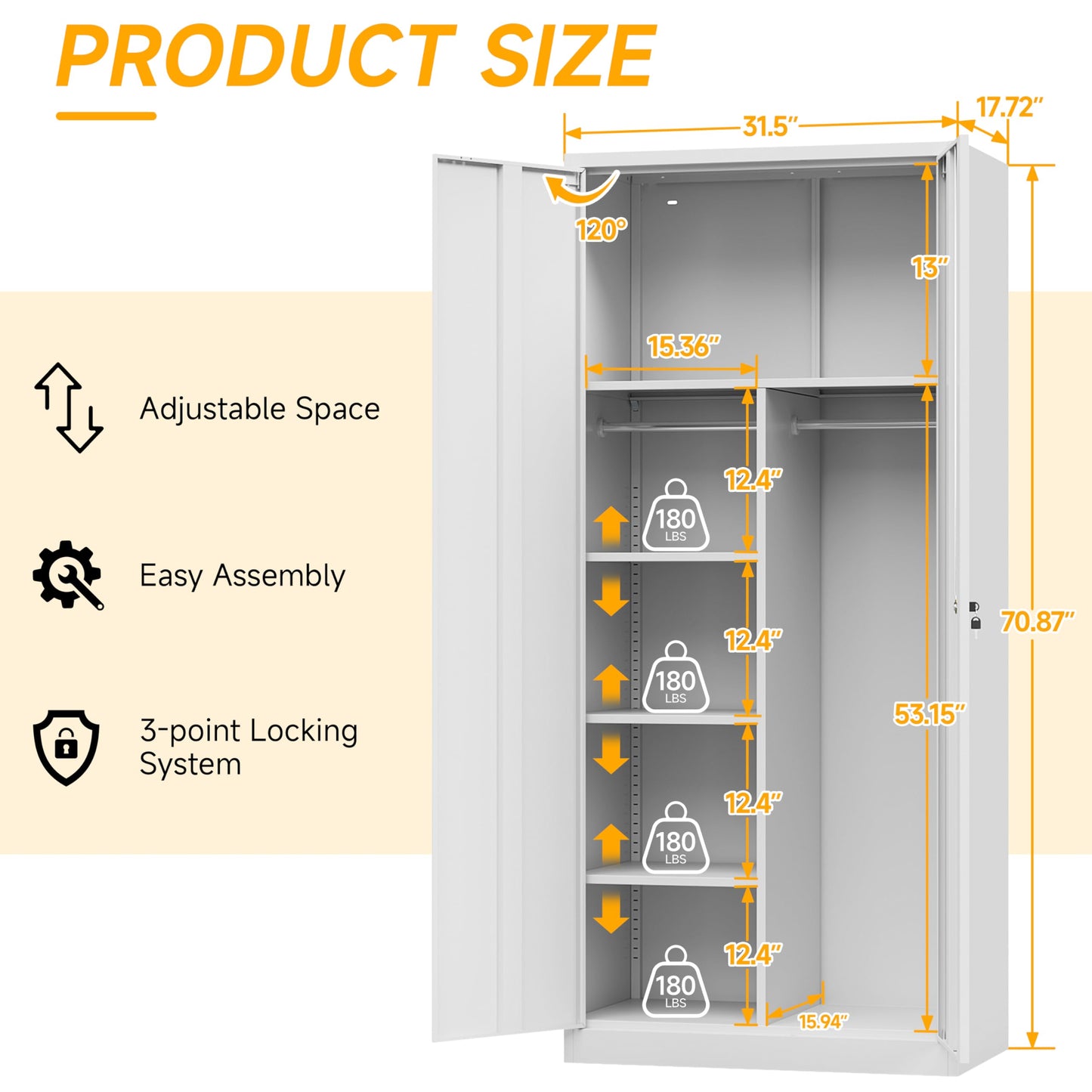 Firstsky 71" H Metal Armoire Wardrobe Cabinet with Doors and Shelves,5-Tire Wardrobe Closet with Rod,Adjustable Steel Locking Cabinet for Home Office,Bedroom,Garage,Laundry (White)