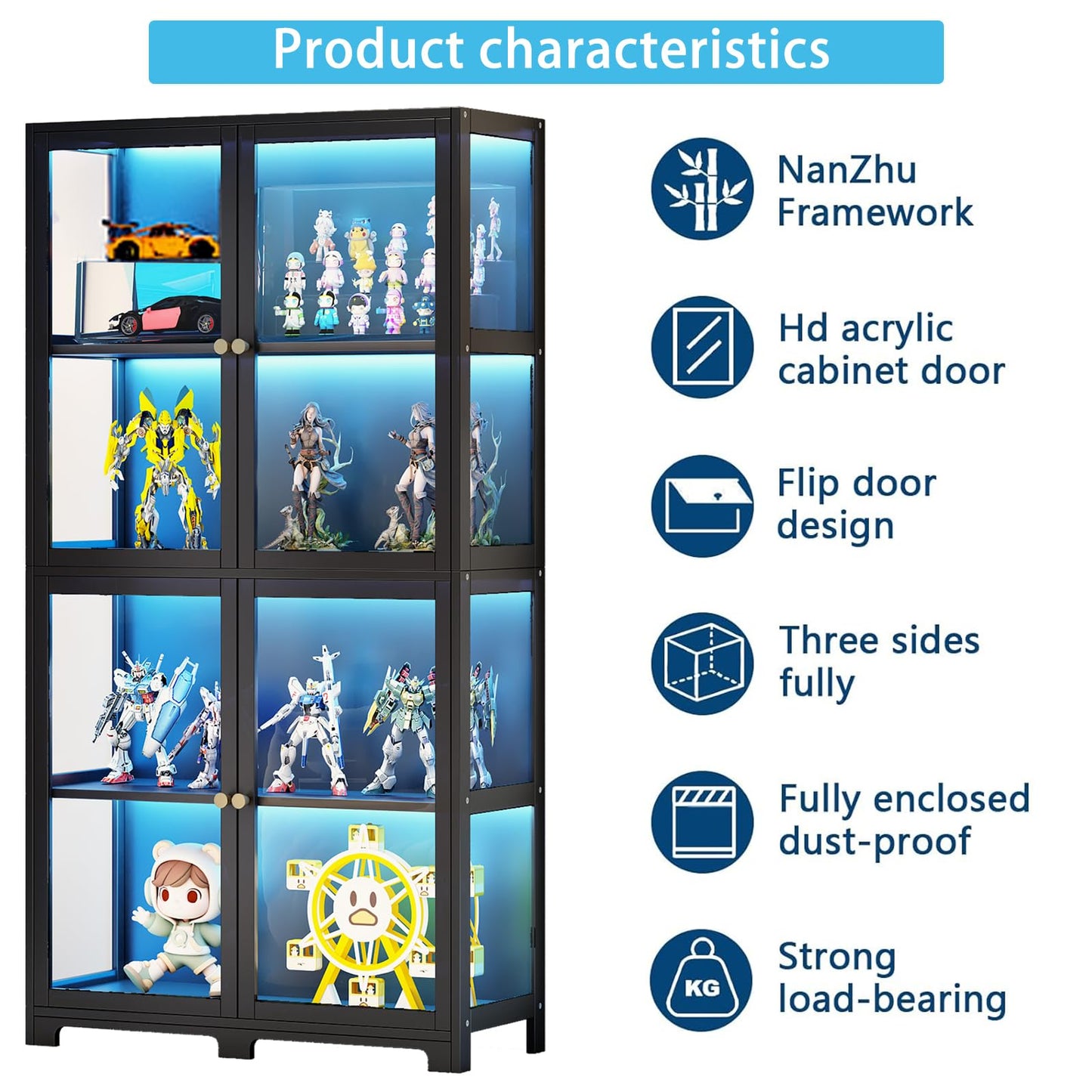 Display Cabinet with Acrylic Glass Doors, 4-Tier Curio Display Case, Transparent Bamboo Curio Display Case for Figures, Storage Cabinet for Collectibles, Bedroom, Office, Playroom