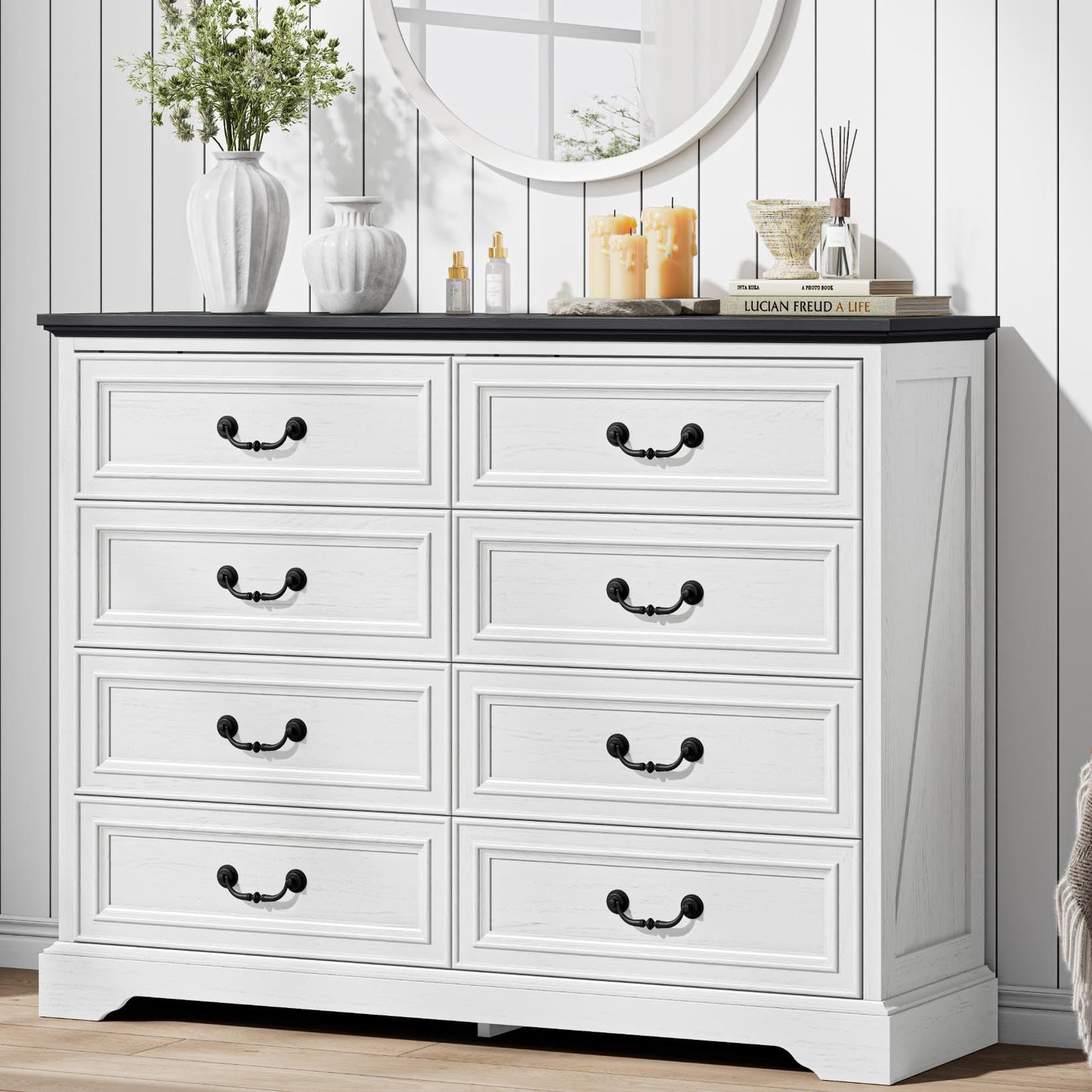 LIKIMIO Farmhouse 8 Drawer Dresser for Bedroom, 52" Wide Dresser Drawers with Storage, Rustic Wooden Chest of Drawers for Bedroom, Hallway, Antique White