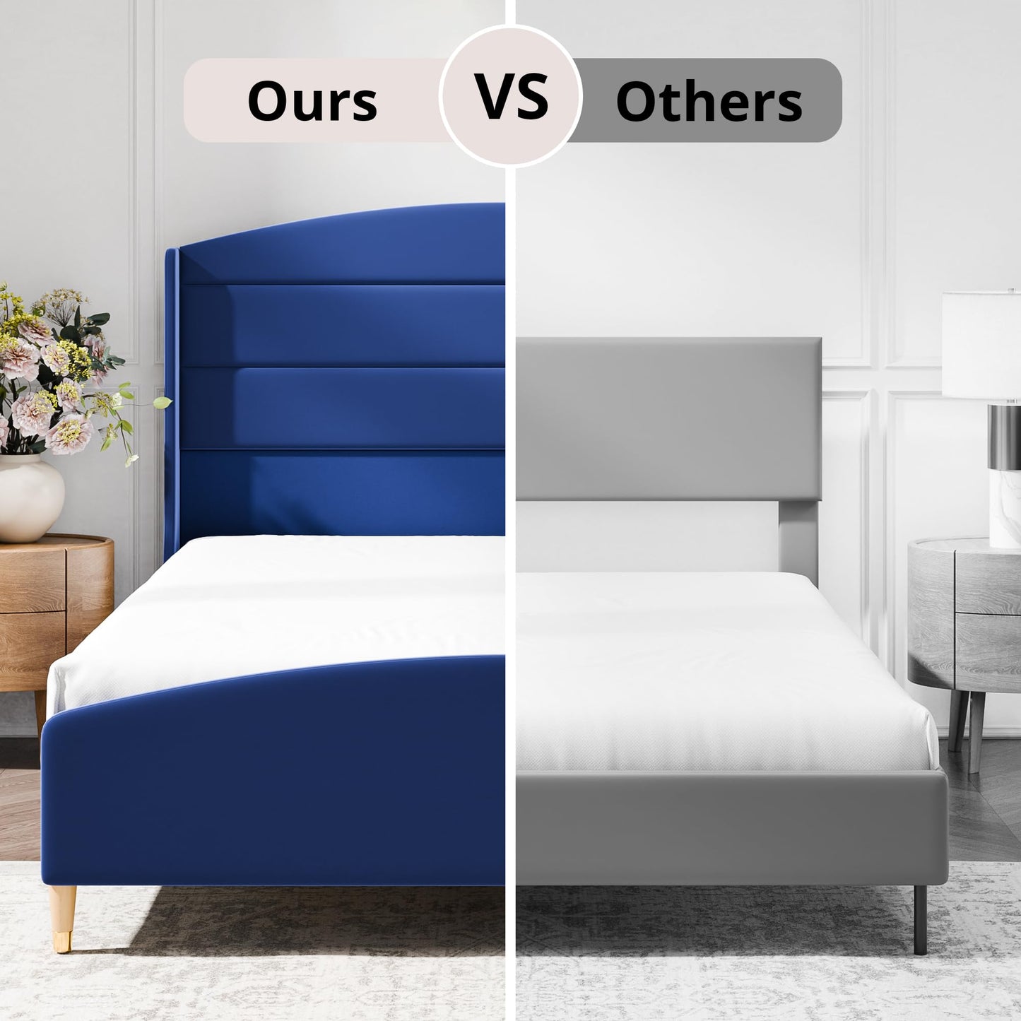 Cozy Castle Queen Size Bed Frame 50.4" High Wingback Headboard Velvet Upholstered Bed/No Box Spring Required/Wood Slat Support/Easy Assembly (Navy Blue)