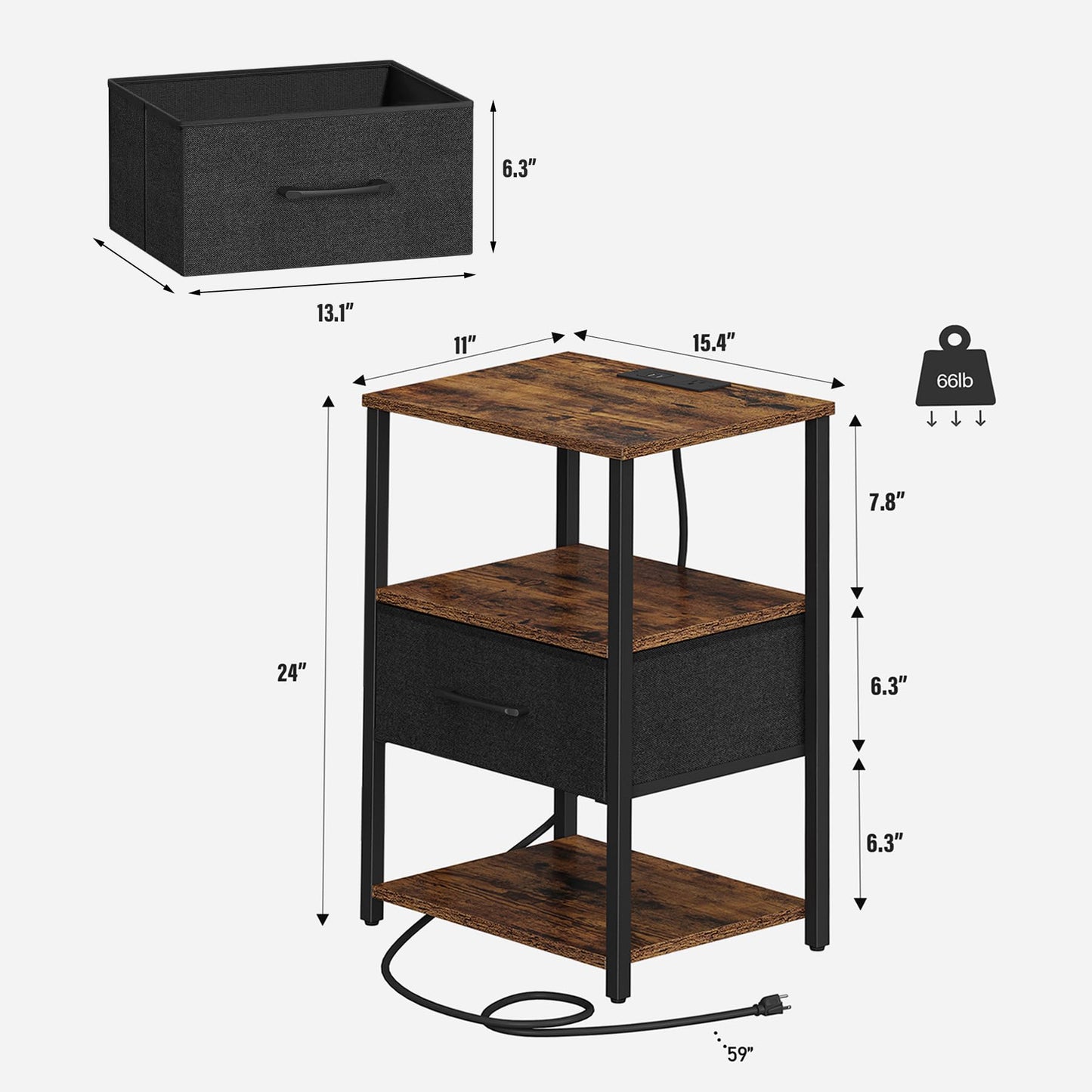 TUTOTAK End Table, Side Table with Charging Station, Nightstand Set of 2, Bedside Table with Fabric Drawer, Couch Table for Livingroom and Bedroom, Brown TB01BB0692