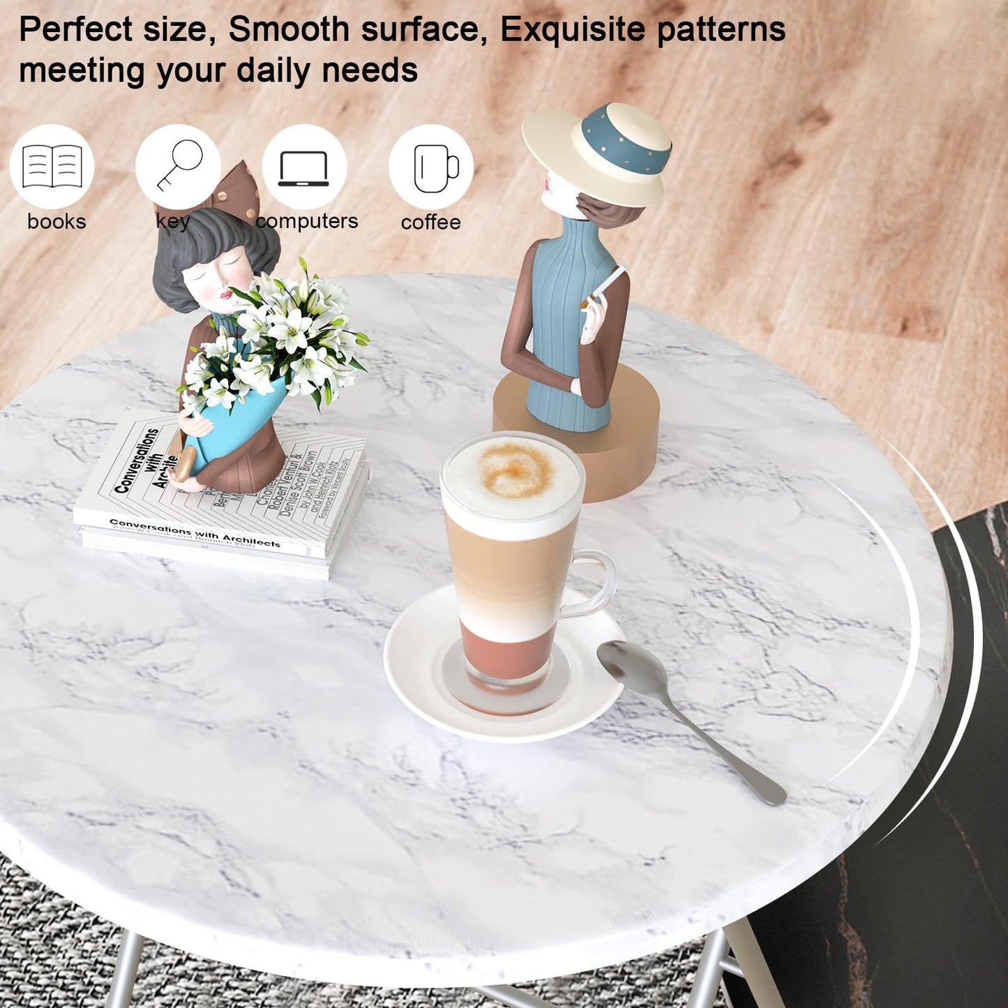 Fleecy day TV Trays Table Set of 4 Round Portable Folding TV Tray Table TV Dinner Tray with Sturdy MDF, No Assembly Required, 17.5 x 17.5 x 26 in (White Marble, 4Pcs)
