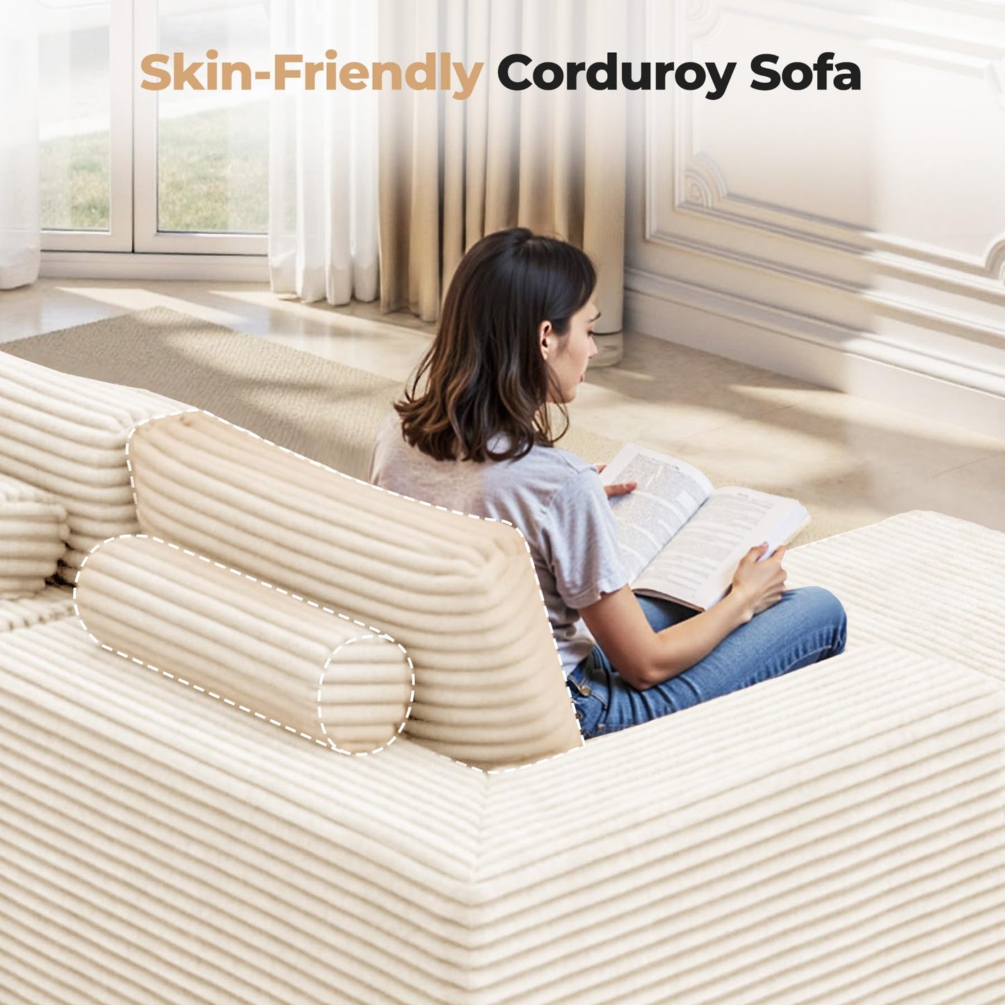 111‘’ Modular Sectional Cloud Couches with L Shaped Chaise, Upholstered Deep Seat Boneless Sofa for Living Room, Bedroom, No Assembly Required-Beige