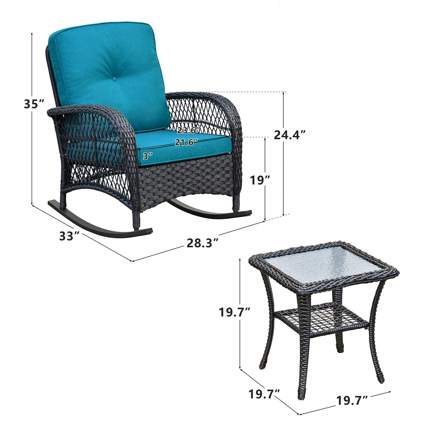 Skypatio Outdoor Wicker Rocking Chairs Set of 2 and Coffee Table, 3 Pieces Patio Bistro Furniture Set with Comfortable Cushions for Balcony, Porch, Backyard, Deck(Peacock Blue)