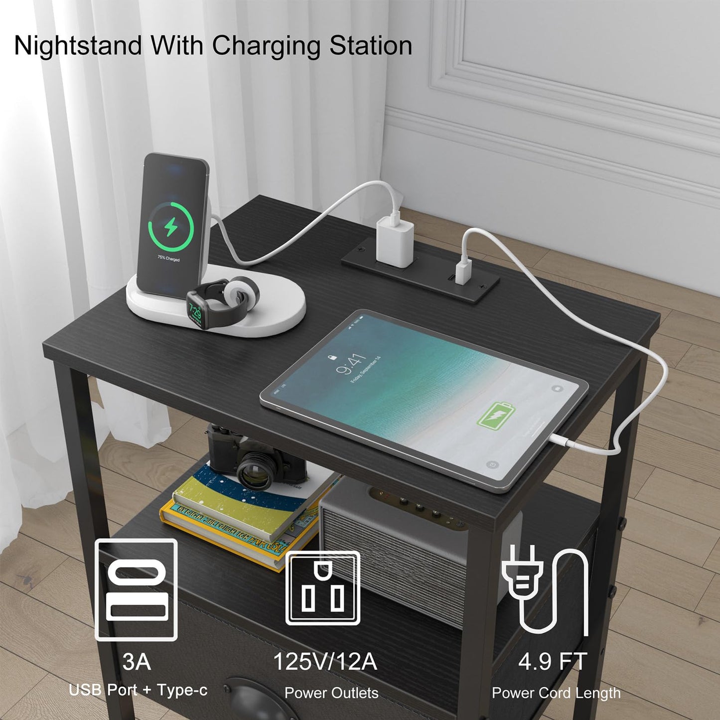 sthmec Nightstands Set of 2, Black Night Stands with Charging Station, Bedside Tables with Fabric Drawers PU Finish, 2-Tier Side Table with Open Shelf, Nightstands with Drawer,Black