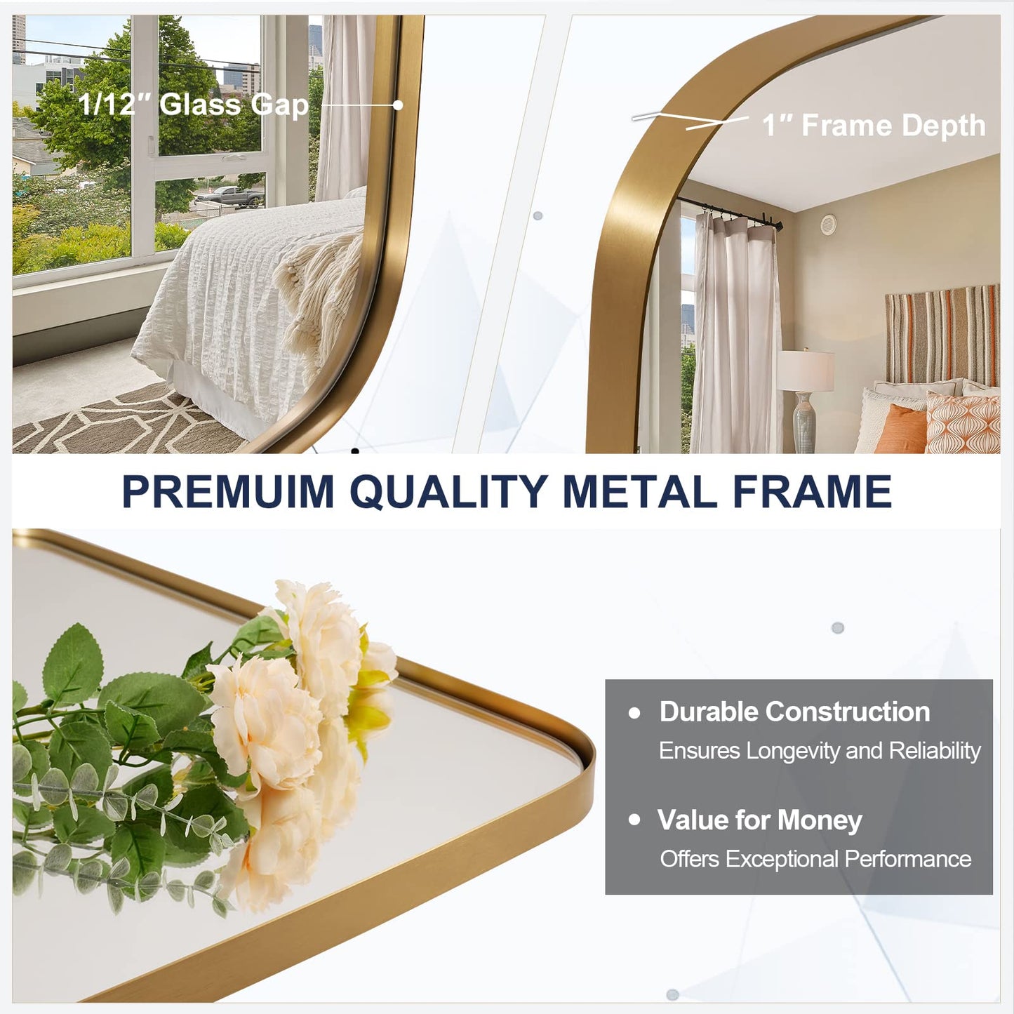 ANDY STAR Gold Mirror for Bathroom, 28x36 Inch Stainless Steel Metal Frame Oblong Bathroom Mirror for Vanity, 1’’ Deep Wall Mounted Vertically/Horizontal
