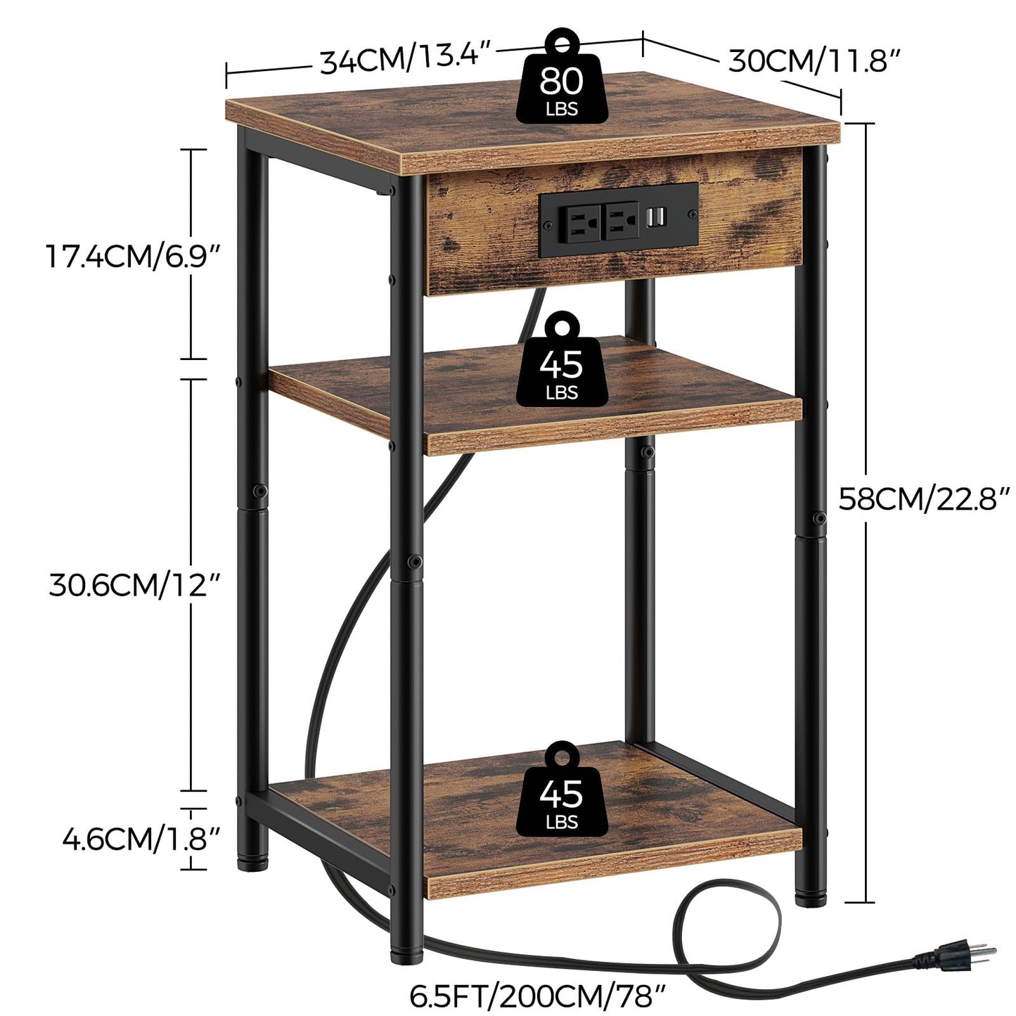 Rolanstar End Table with Charging Station, Night Stand with 3 Storage Shelves, Small Side Table for Small Space, Narrow Bedside Table for Living Room, Bedroom, Rustic Brown, Set of 2