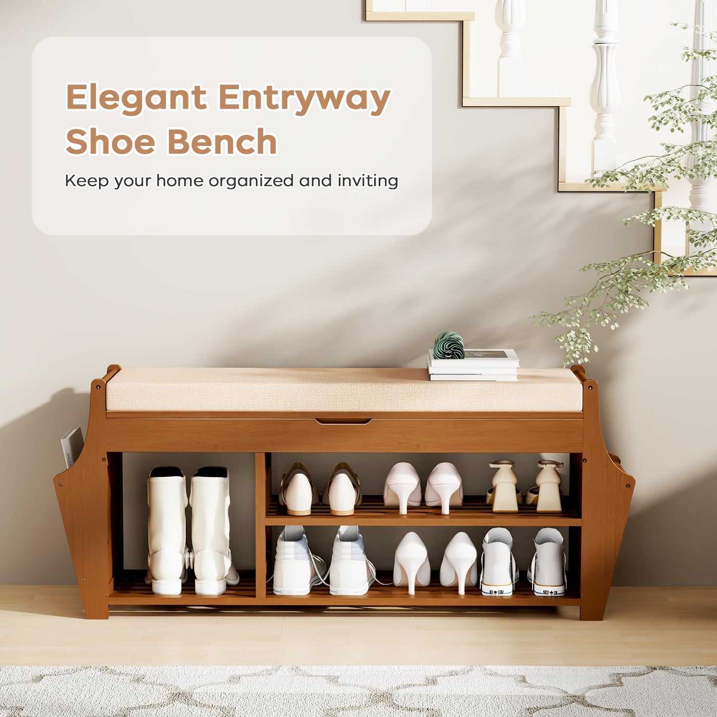 oakvivo 39.4in Shoe Bench with 2 Side Holder, 3 Tier Bamboo Entryway Bench with Storage, Shoe Rack Bench Organizer with Cushion for Entryway Hallway Living Room, Holds up to 330lbs
