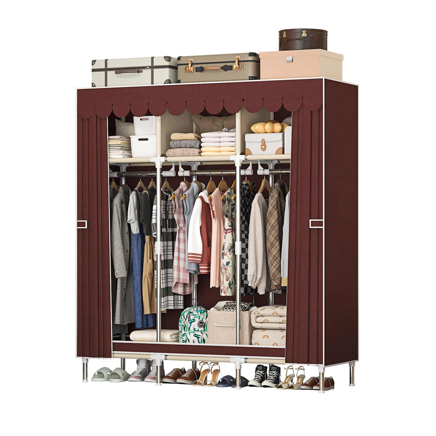 LEAIJIAFY Portable Wardrobe Closet with Metal Frame, Deep Red & Brown Fabric Cover, 3-Tier Storage with Hanging Rod, 3 Storage Area for Clothing,Bedding (Deep Red)
